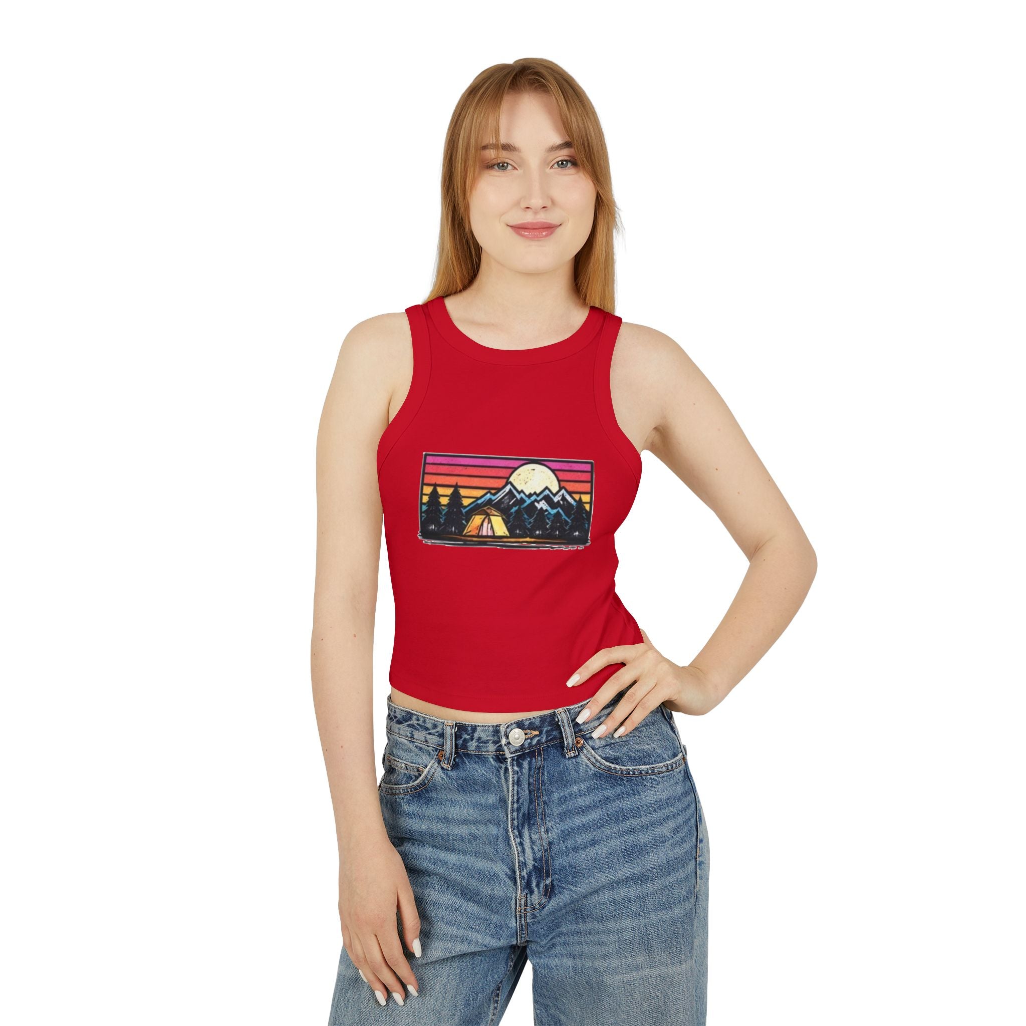 Womens Racer Tank Top | Vintage Sunset Camping Graphic