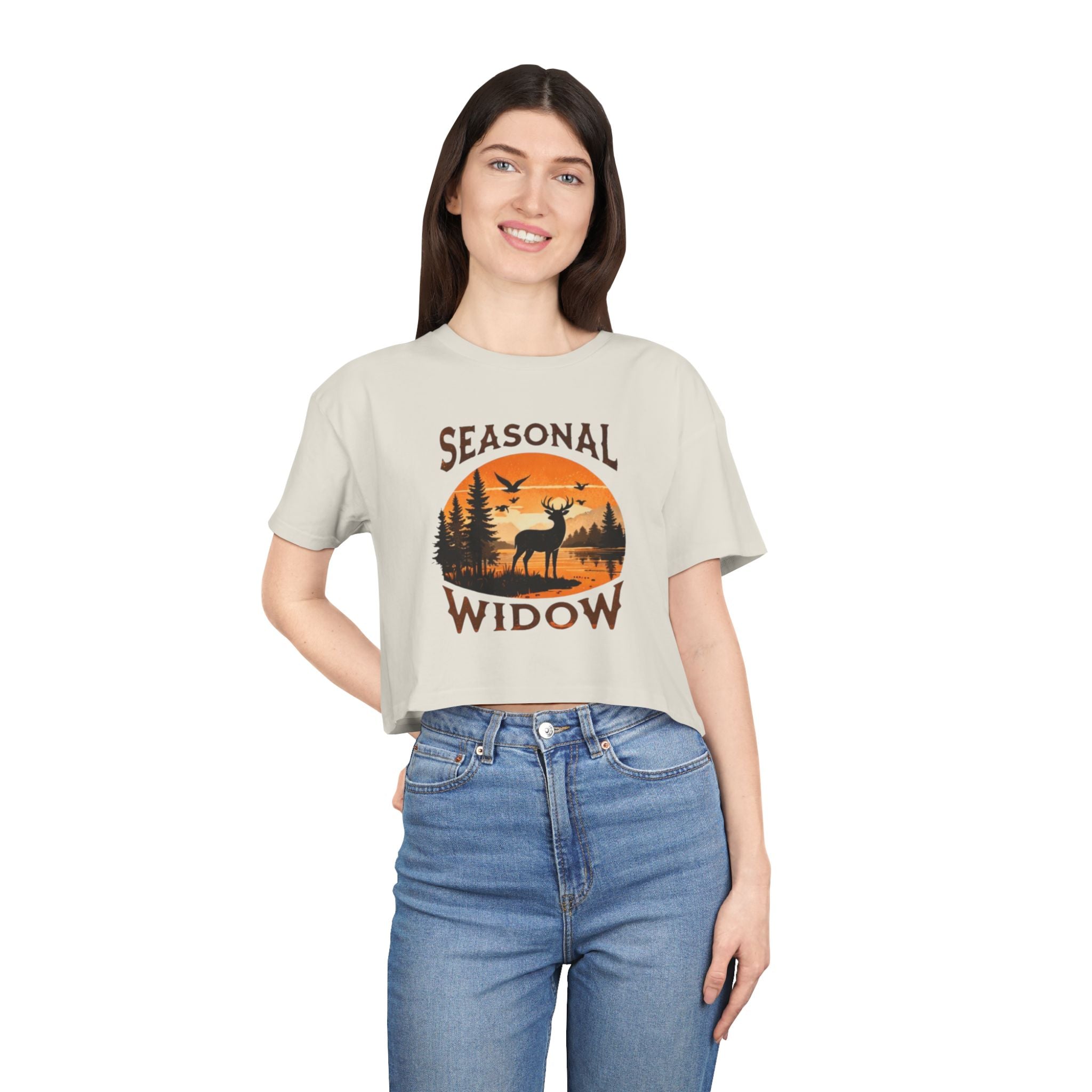 Seasonal Widow Crop Tee | Autumn Hunting Deer Sunset Graphic