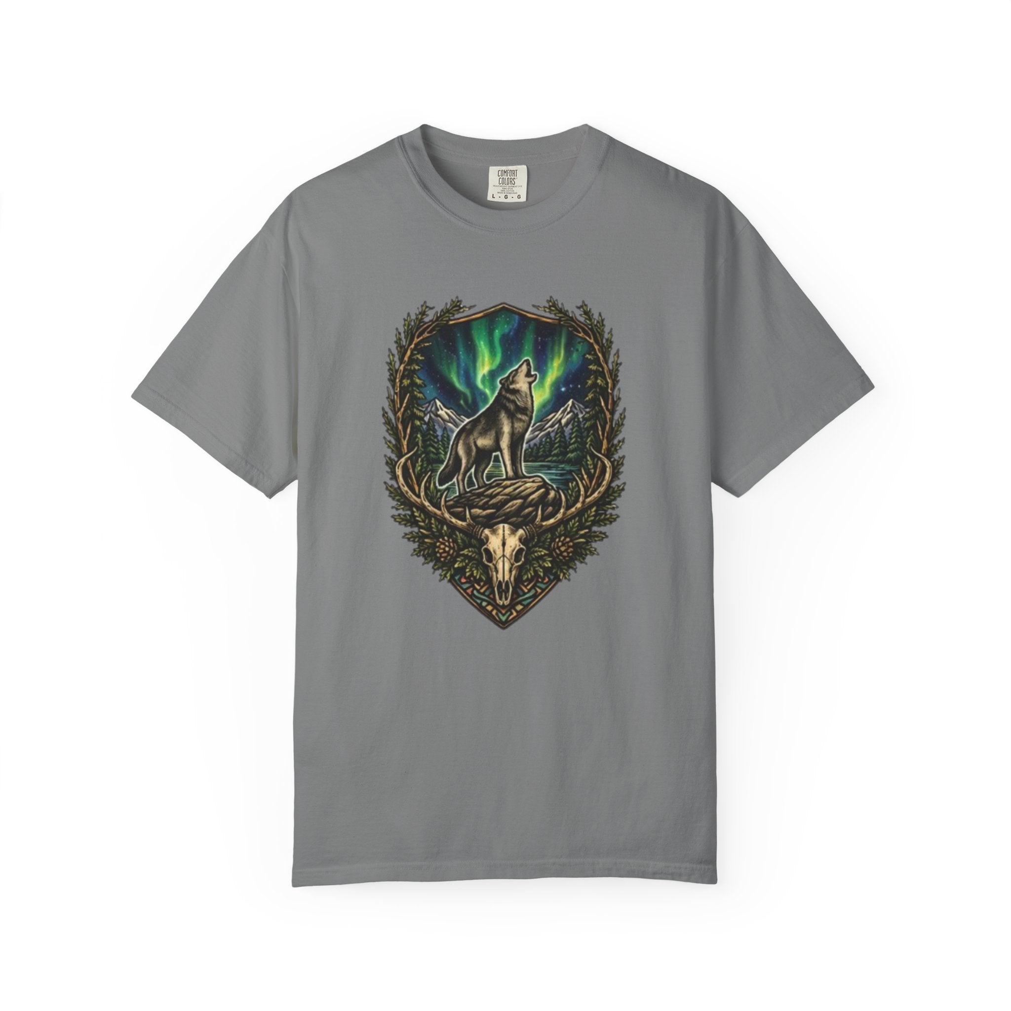 Deer Skull and Wolf Howling T-Shirt | Northern Lights Nature Graphic Tee