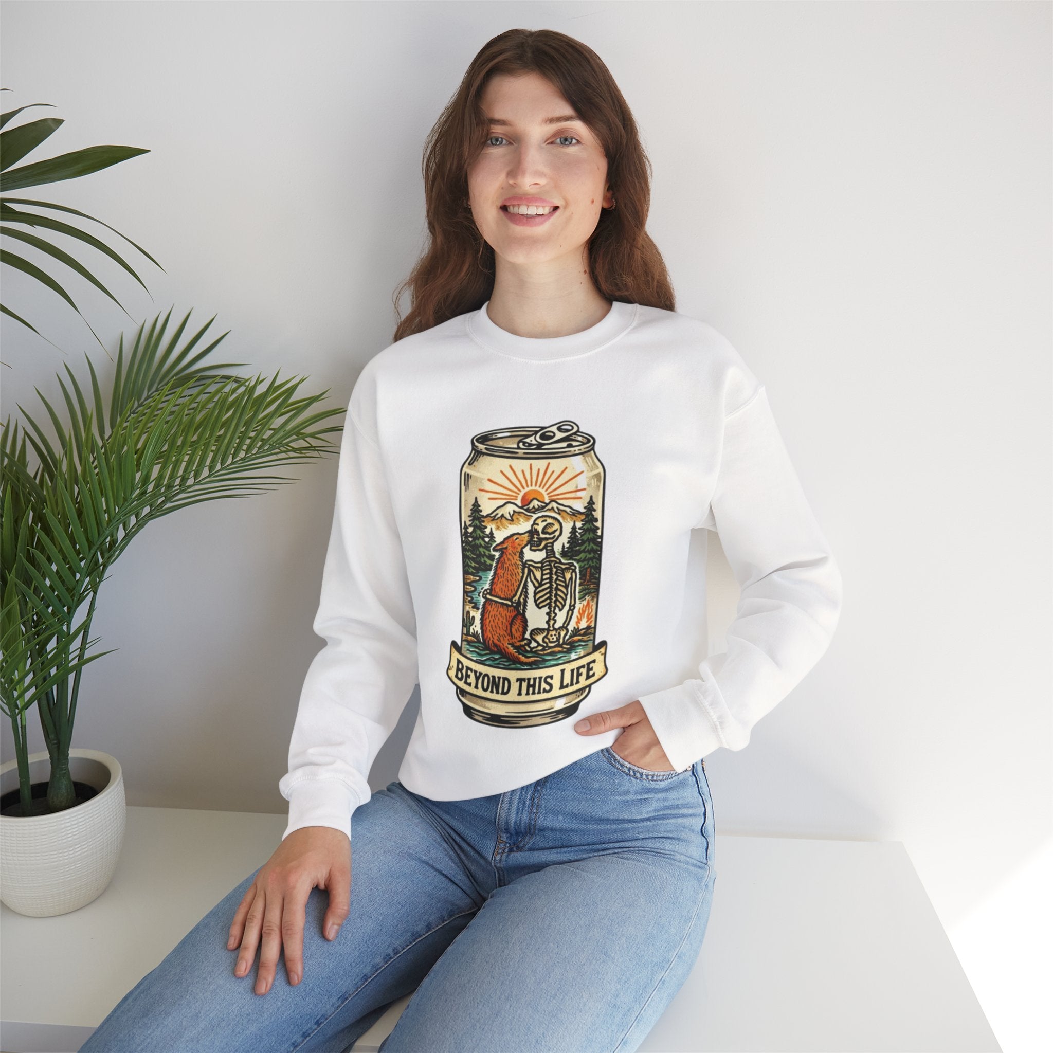 Crewneck Sweatshirt | Beyond This Life Bear & Skeleton Can Graphic