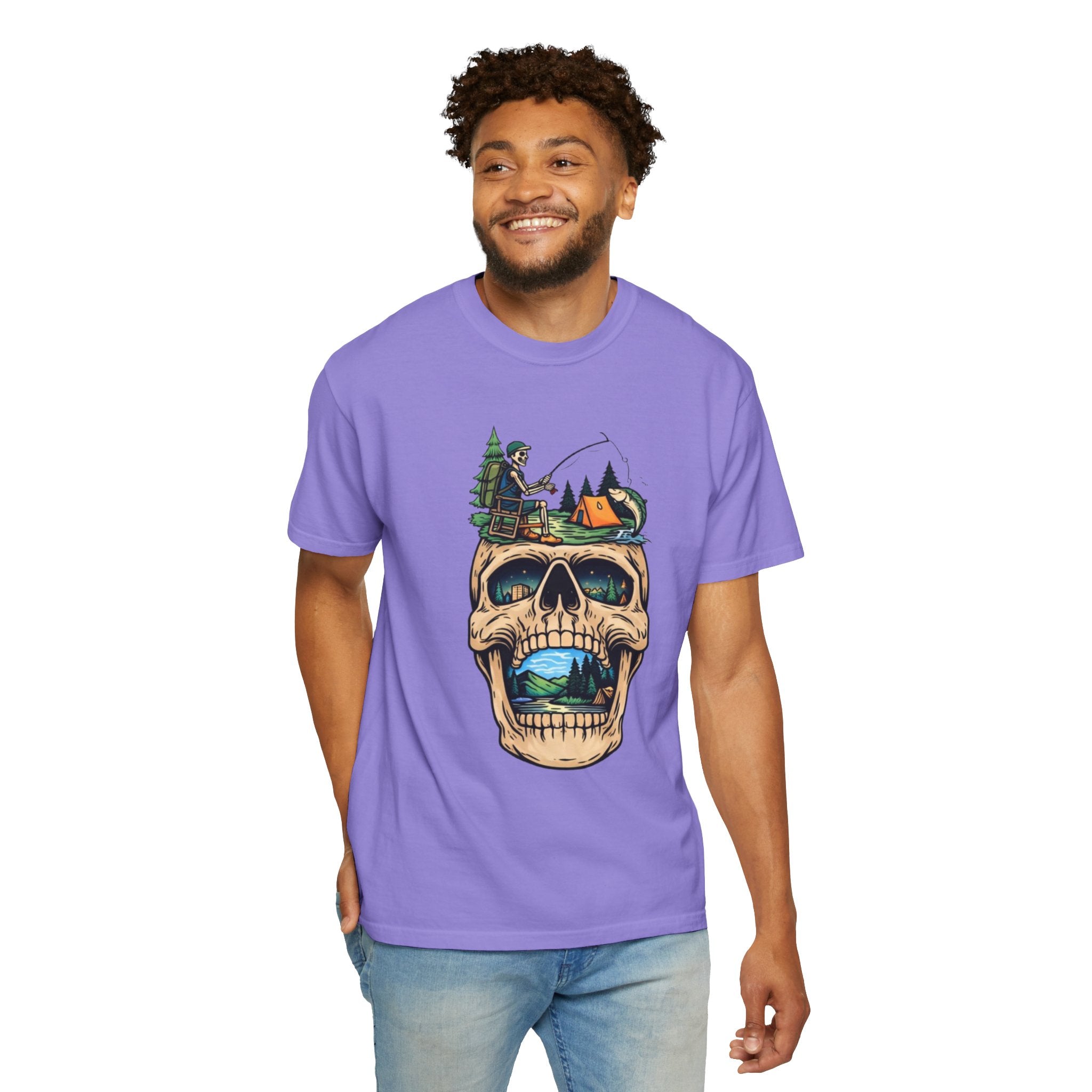 Skull Camping Scene T-shirt | Fishing Camper, Tent & Forest Graphic