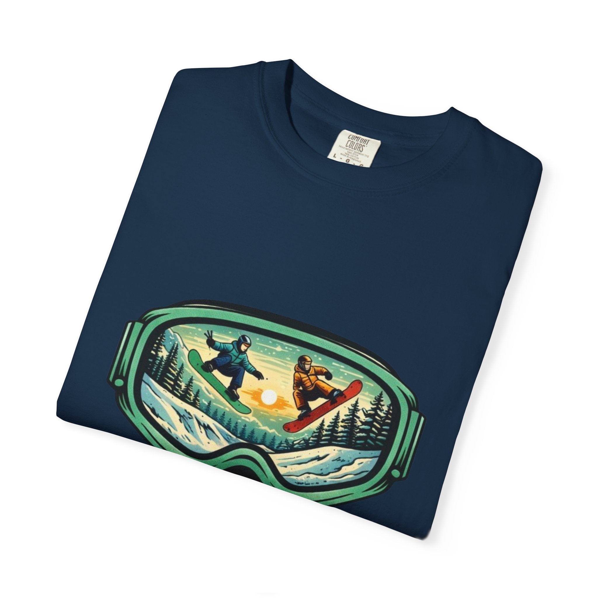 Snowboard Goggles Graphic T-Shirt | Mountain Scene with Ride the Ridge Design