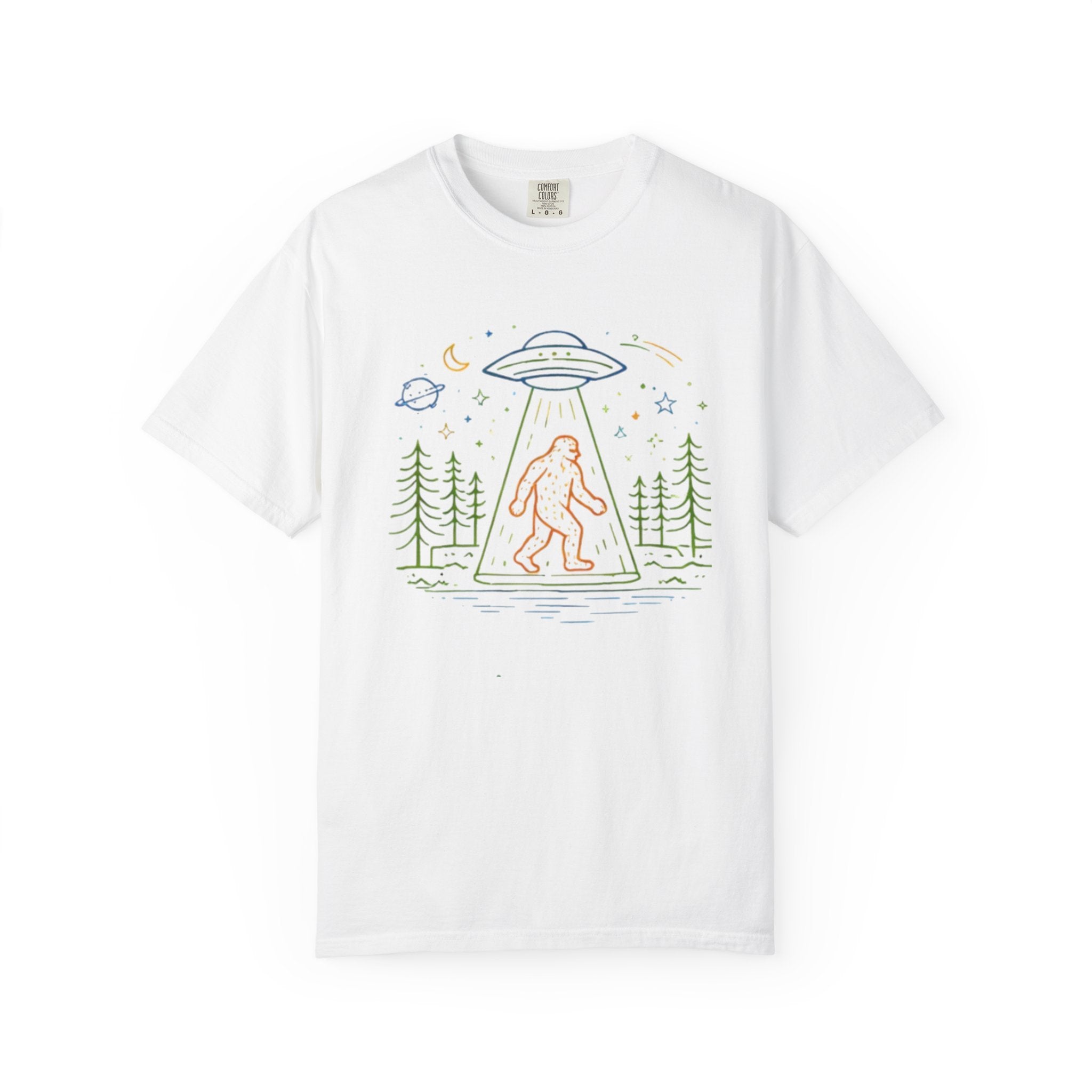 Bigfoot UFO Abduction T-Shirt | Retro Line Art Sasquatch Tee