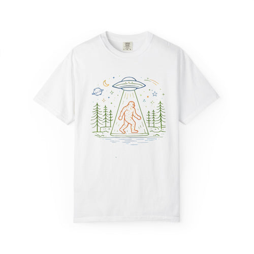 Bigfoot UFO Abduction T-Shirt | Retro Line Art Sasquatch Tee