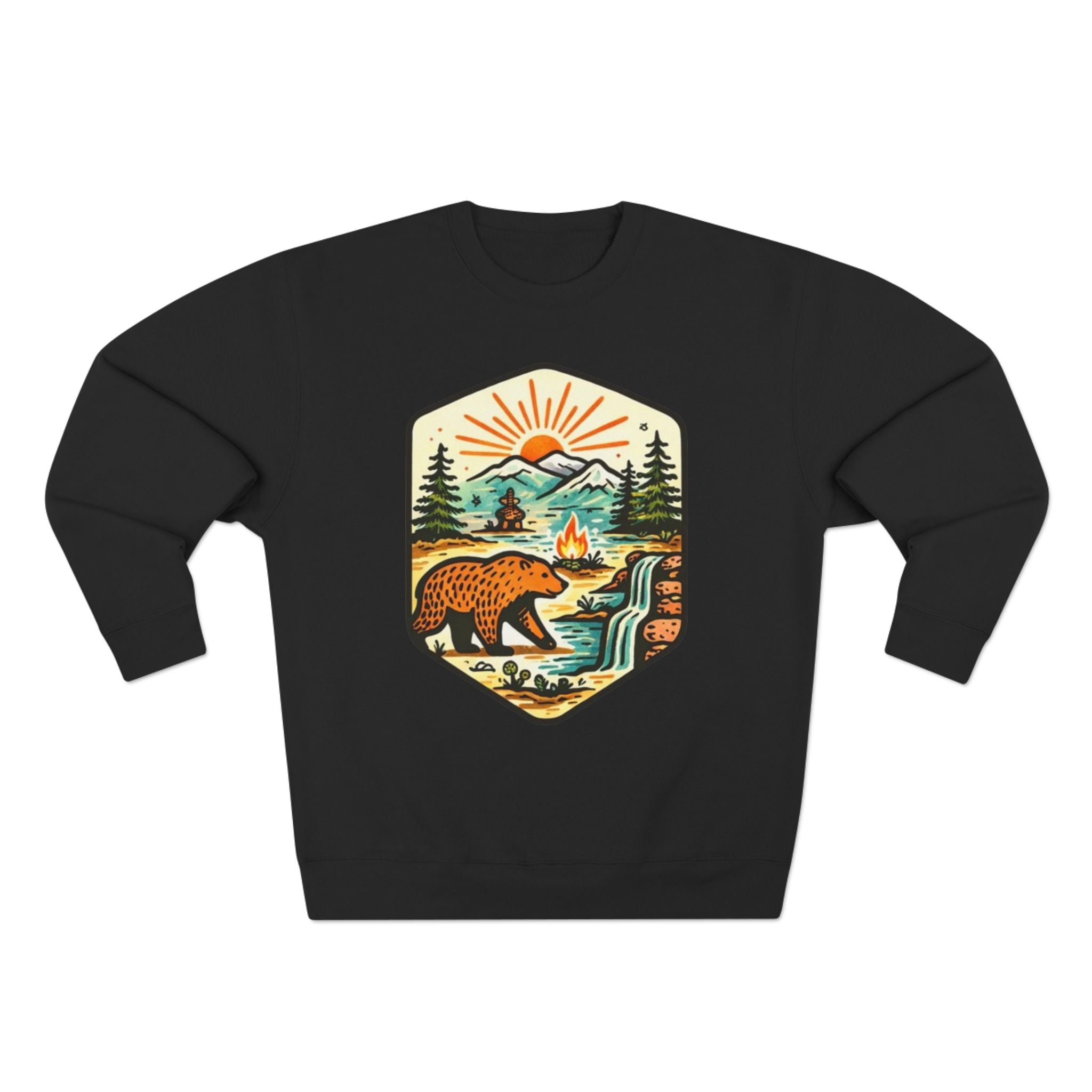 Bear Wilderness Crewneck Sweatshirt | Scenic Campfire Mountain Patch Design