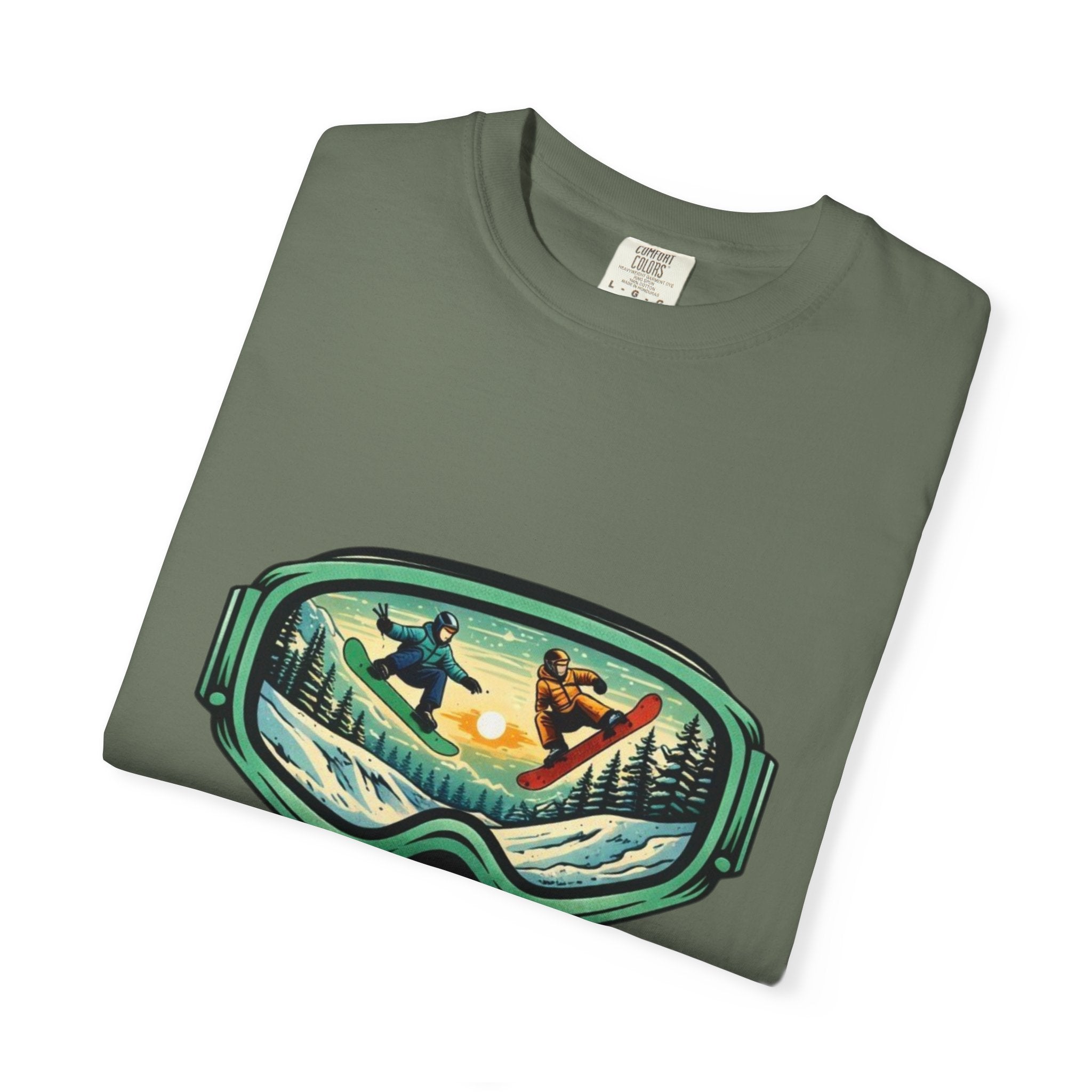 Snowboard Goggles Graphic T-Shirt | Mountain Scene with Ride the Ridge Design