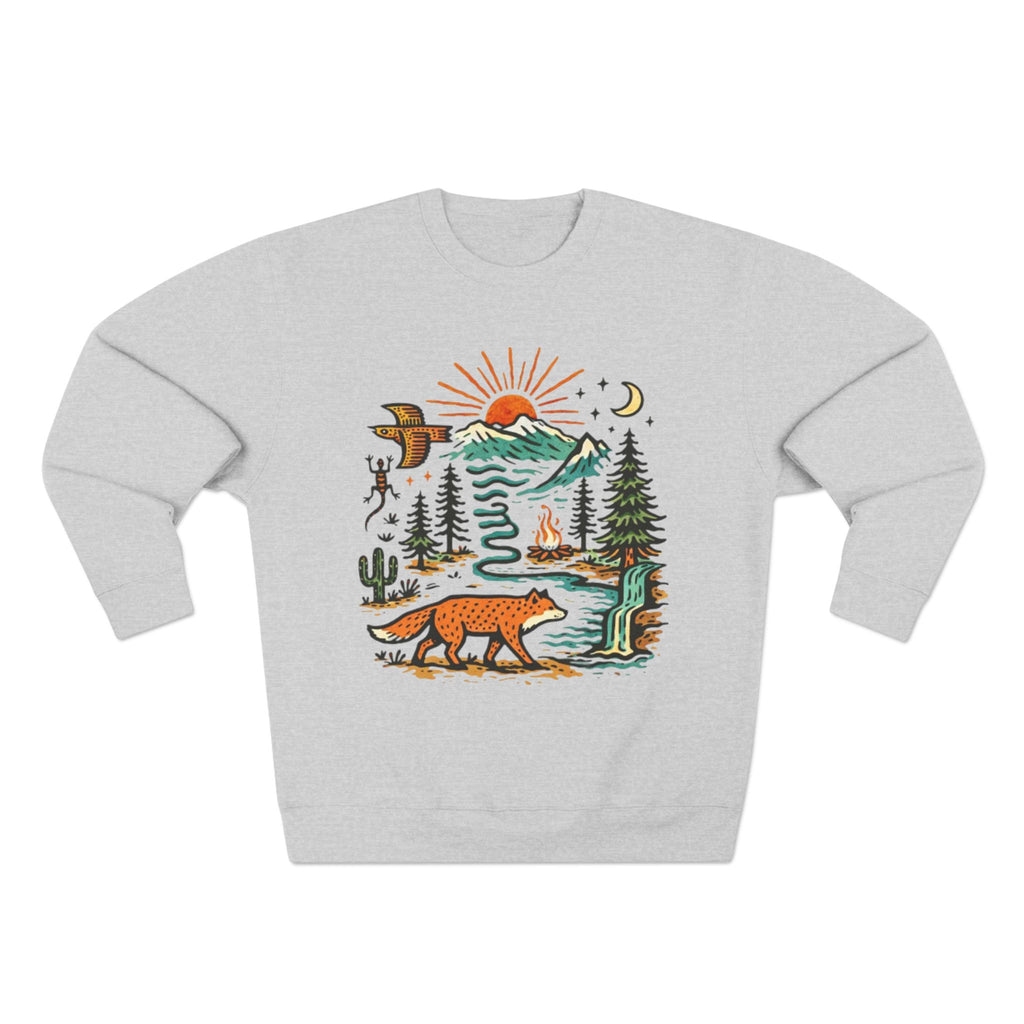 Nature Scene Sweatshirt | Mountain Adventure with Fox & Campfire Graphic