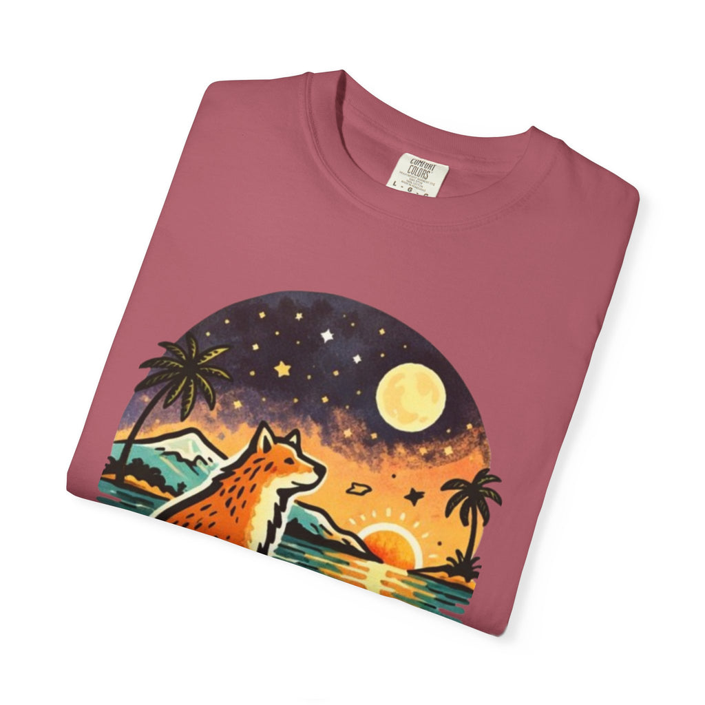 Fox Sunset T-Shirt - Beach Fox Graphic Tee with Skull, Moon & Palm Trees
