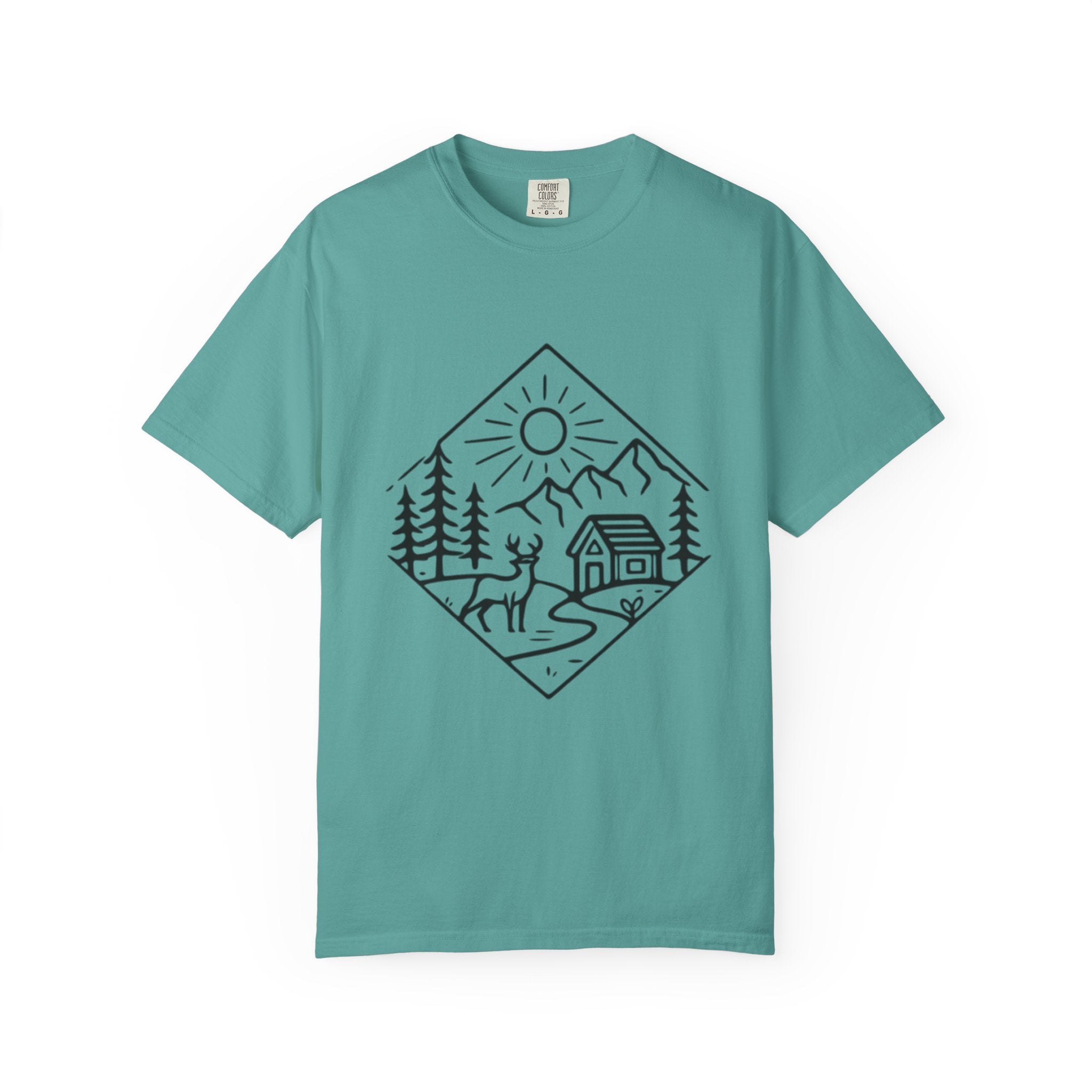 Cabin Adventure Graphic T-Shirt | Mountain, Deer & Forest Line Art