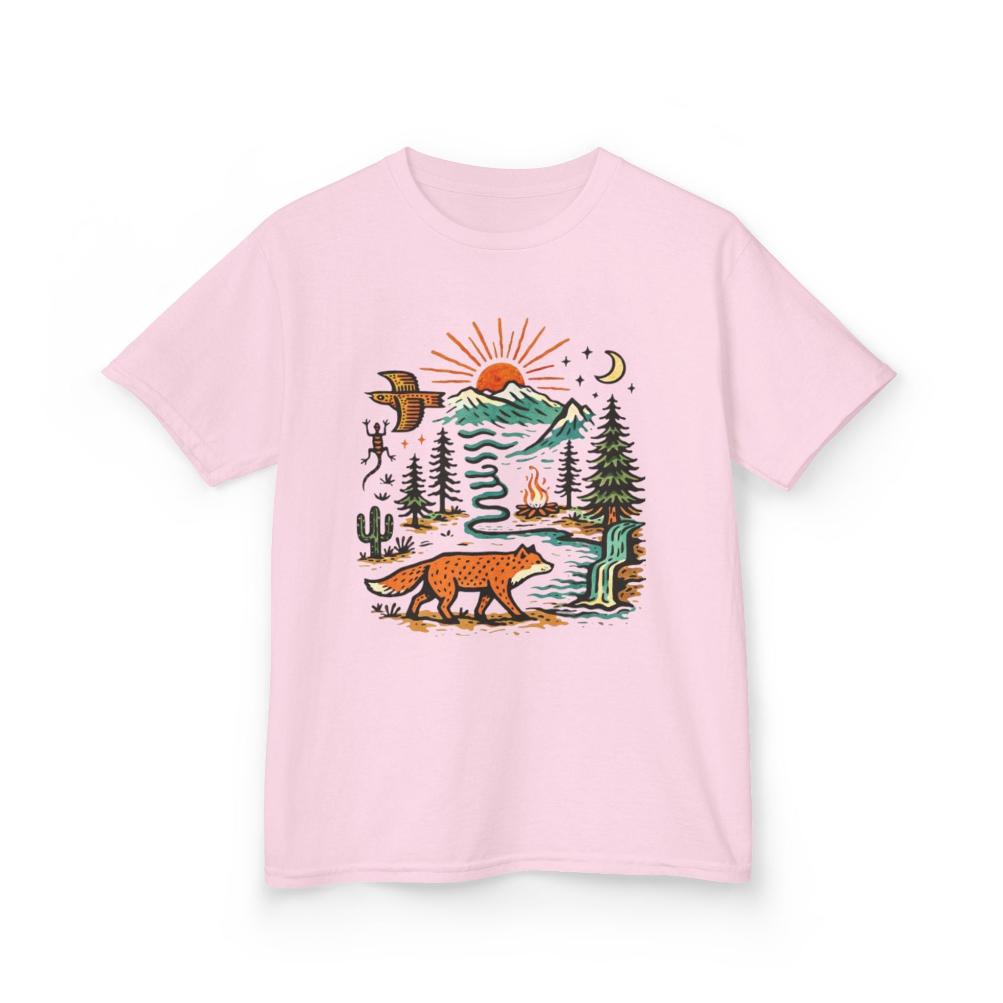 Kids T-Shirt | Retro Nature Scene with Fox Mountains & Sun | Adventure Outdoor Tee