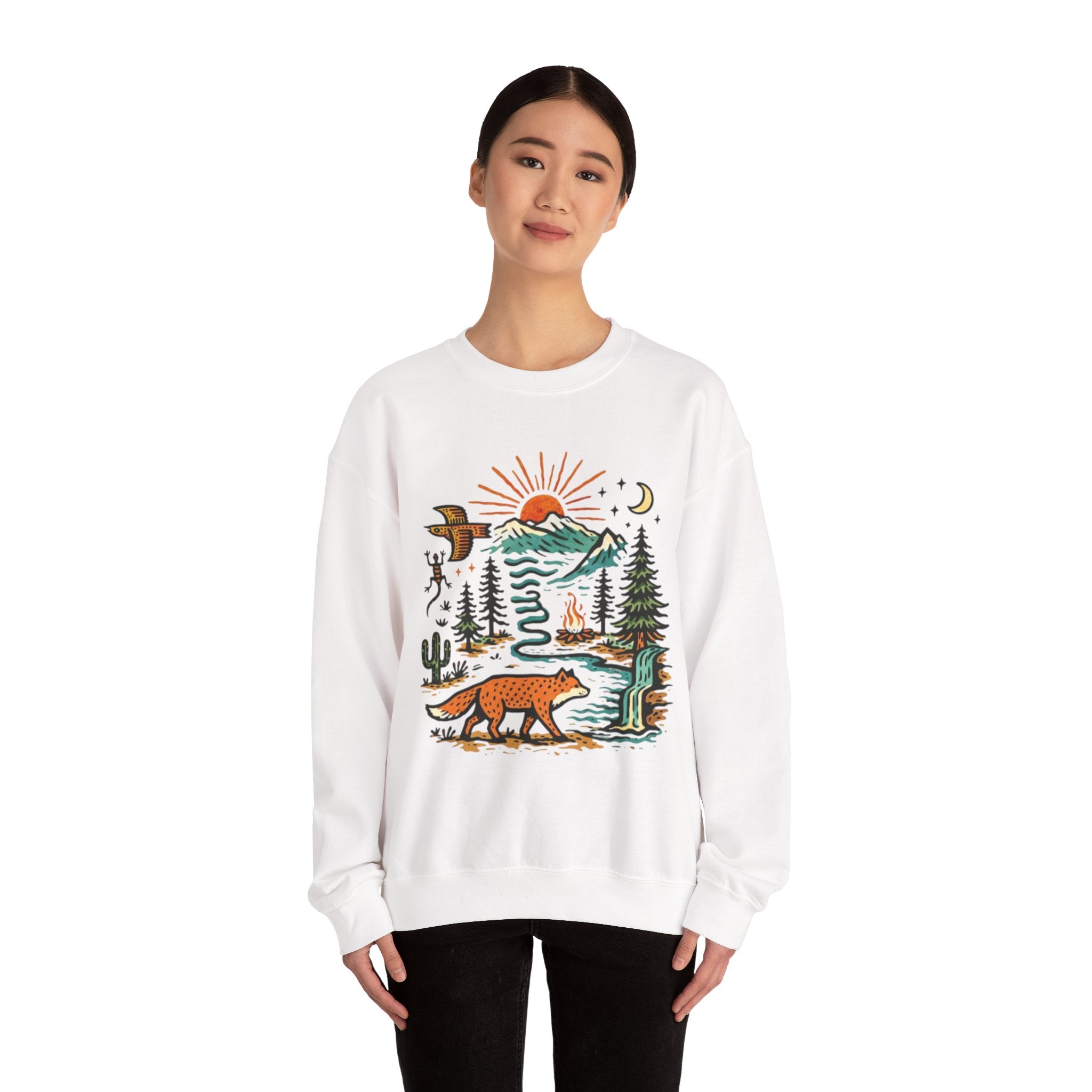 Nature Scene Crewneck Sweatshirt | Desert to Mountain Wildlife Graphic