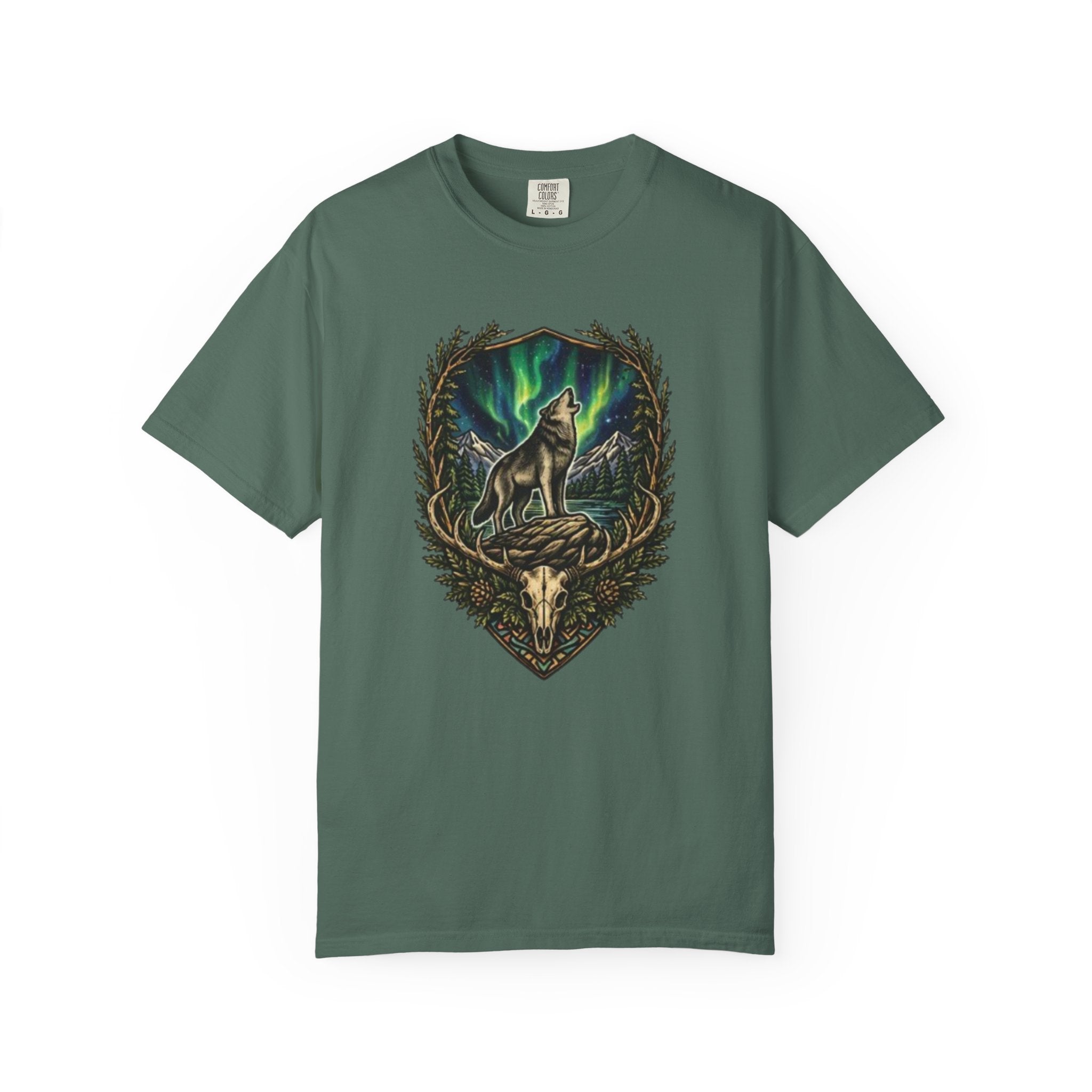 Deer Skull and Wolf Howling T-Shirt | Northern Lights Nature Graphic Tee
