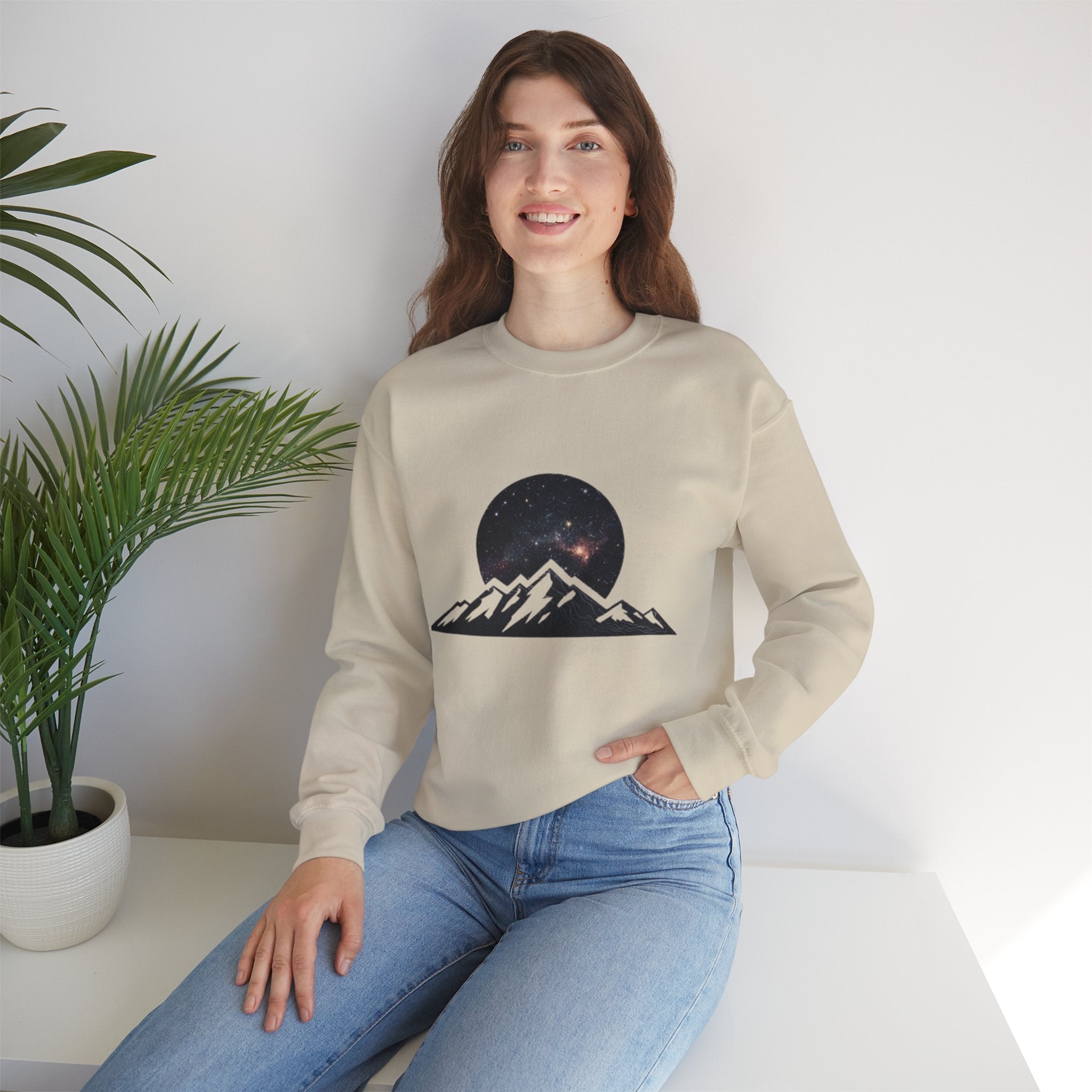 Mountain Night Crewneck Sweatshirt | Galaxy Moon & Peaks Graphic