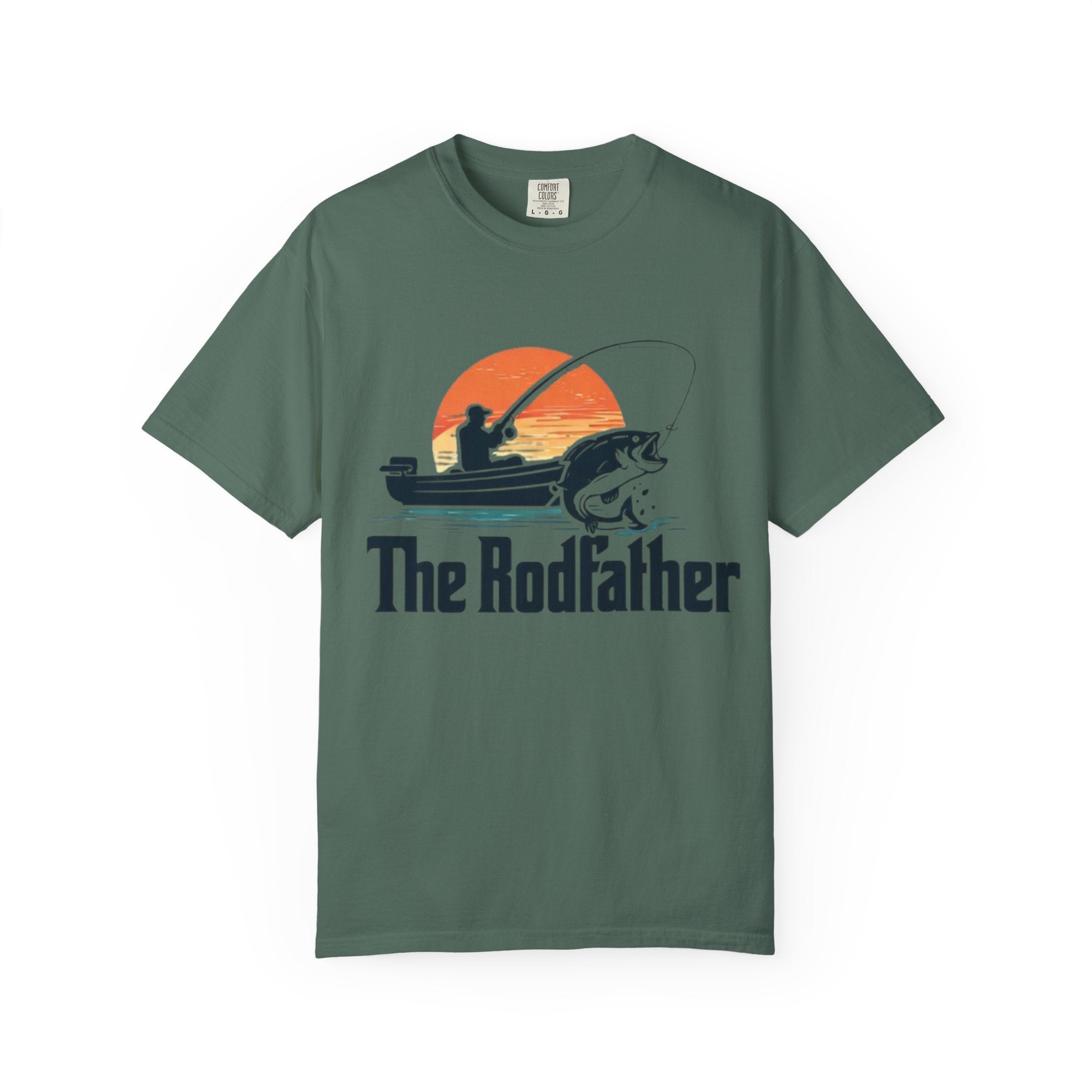 The Rodfather fishing silhouette T-Shirt | Bass boat sunset design