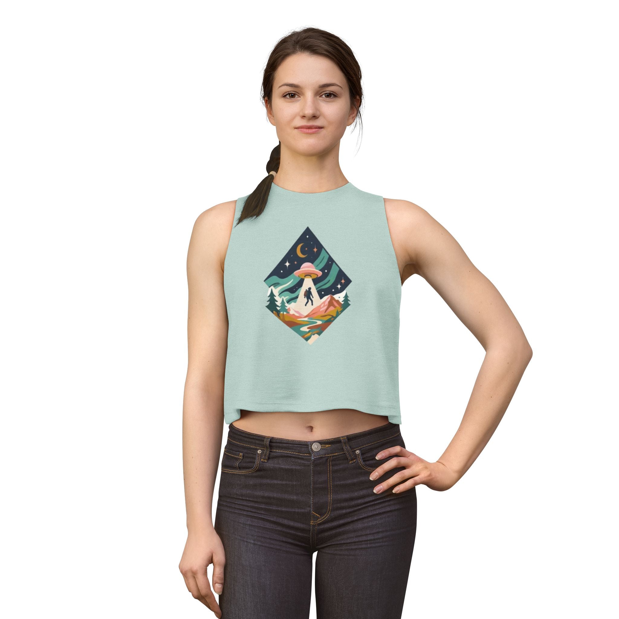 Alien Abduction Hiker Graphic Crop Top | Retro Mountain UFO Tank