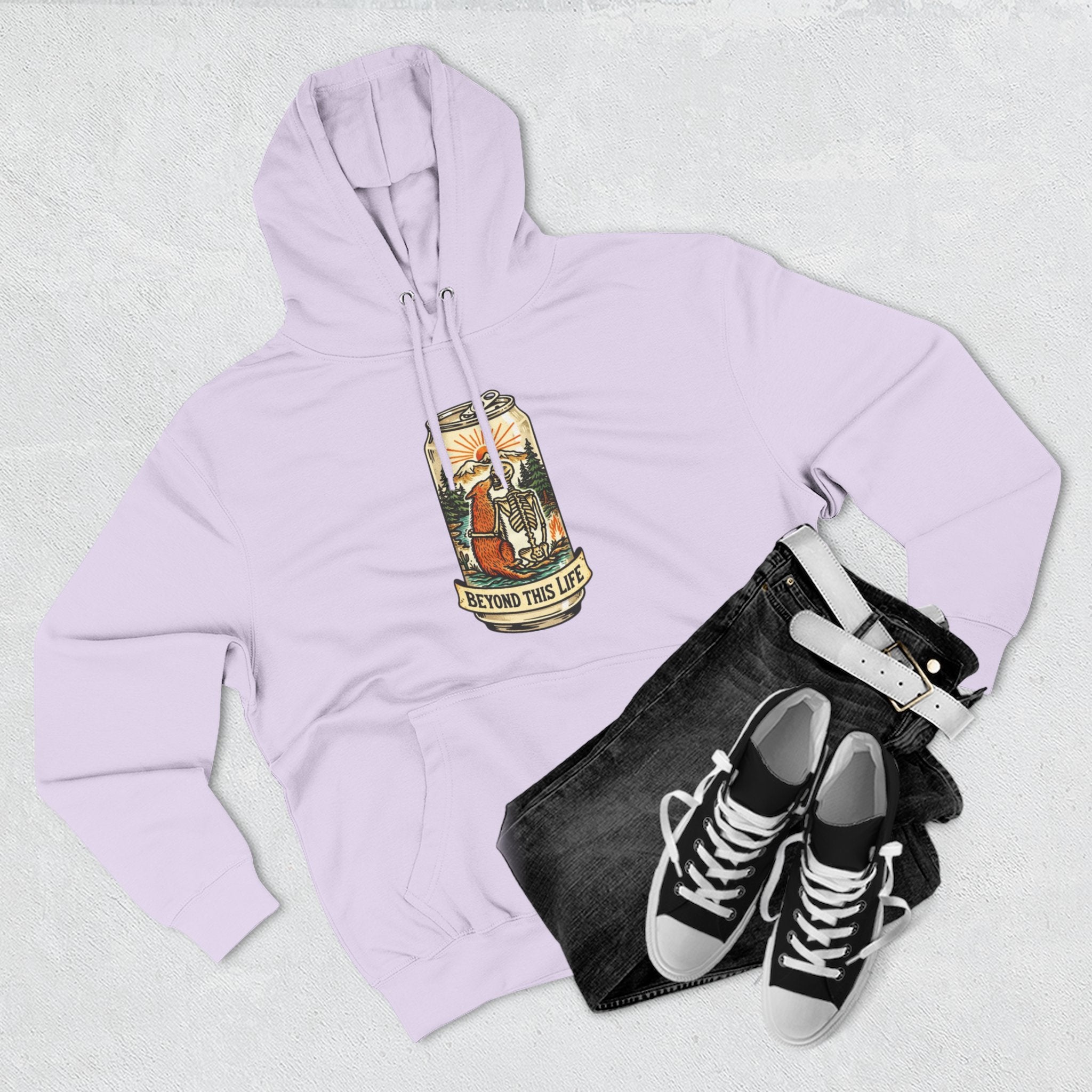Vintage Skeleton and Dog Camper Hoodie | Beyond This Life Retro Travel Graphic