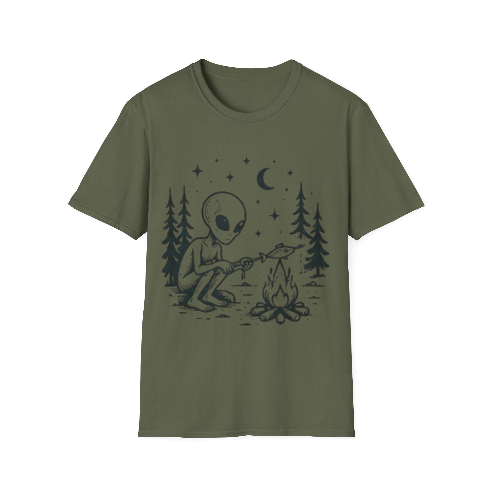 Alien Camping T-Shirt | Cute Space Alien Roasting Fish Graphic Tee