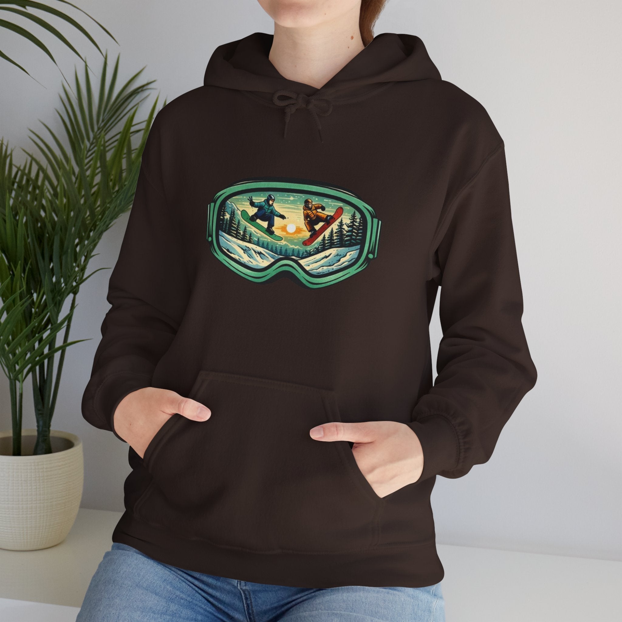 Snowboard Goggles Graphic Hoodie | Winter Mountain Sunset Scene