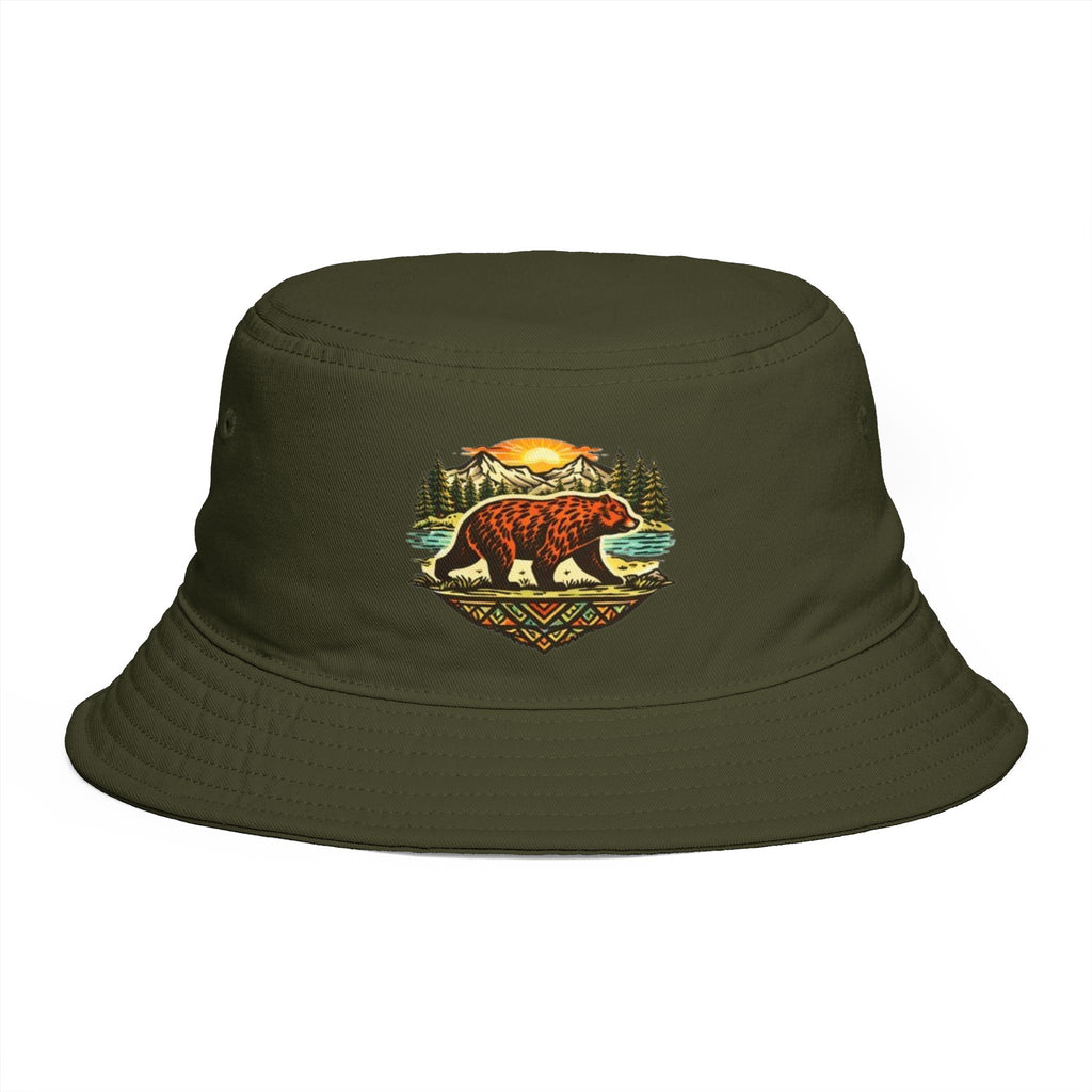 Bear Wilderness Bucket Hat | Retro Mountain Sunset Outdoor Cap