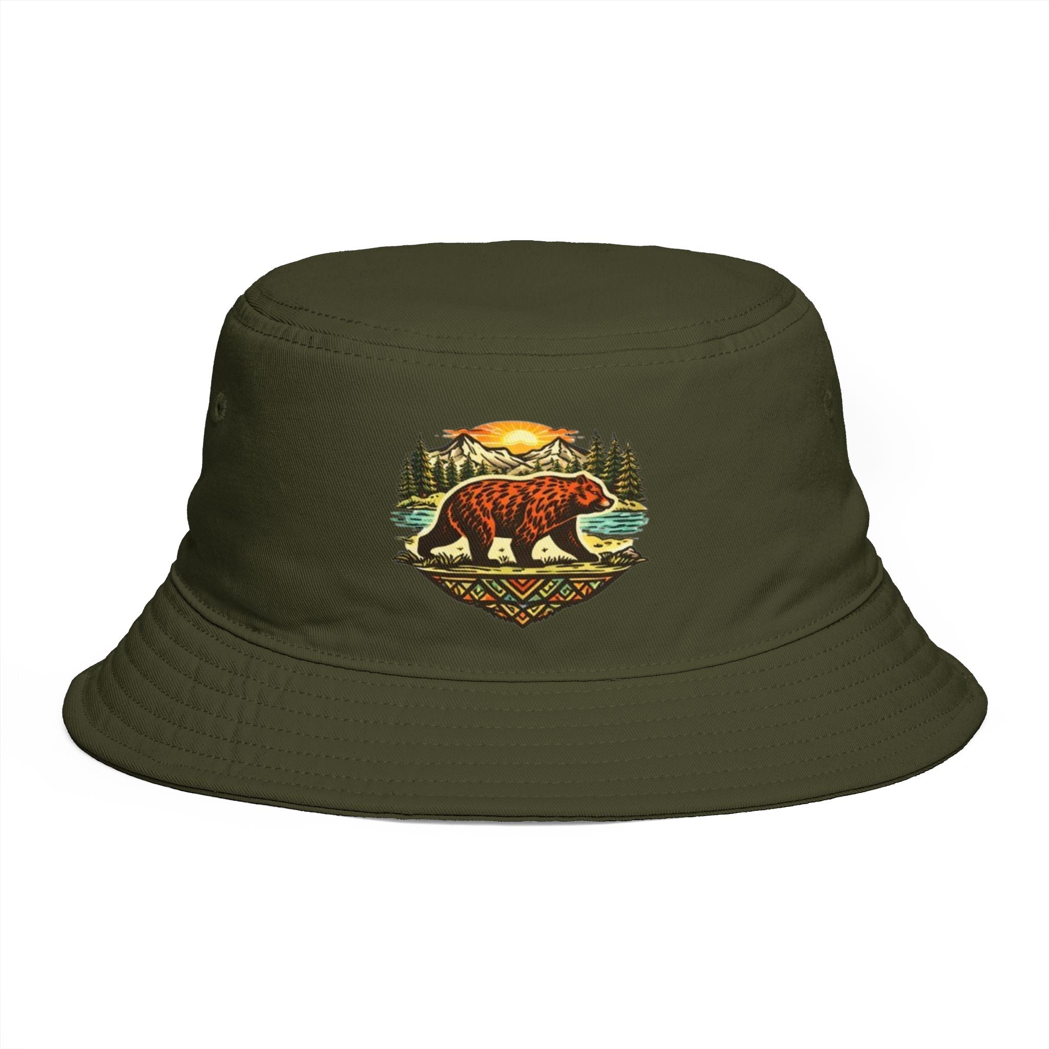 Bear Wilderness Bucket Hat | Retro Mountain Sunset Outdoor Cap