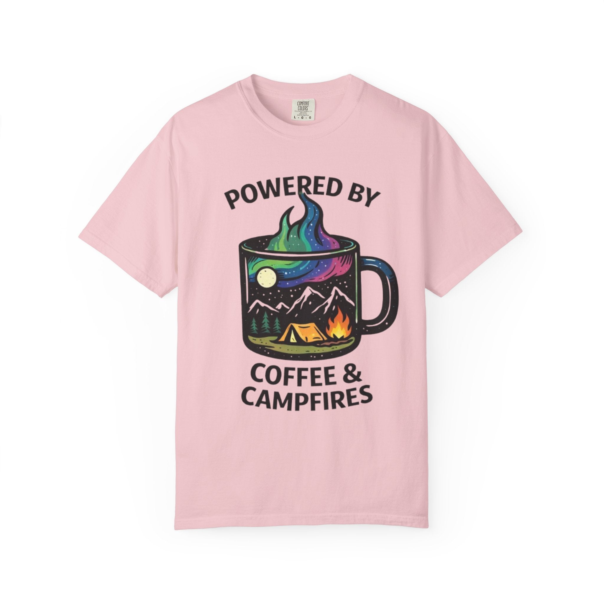 Powered by Coffee & Campfires T-shirt | Camping Mug Nature Graphic
