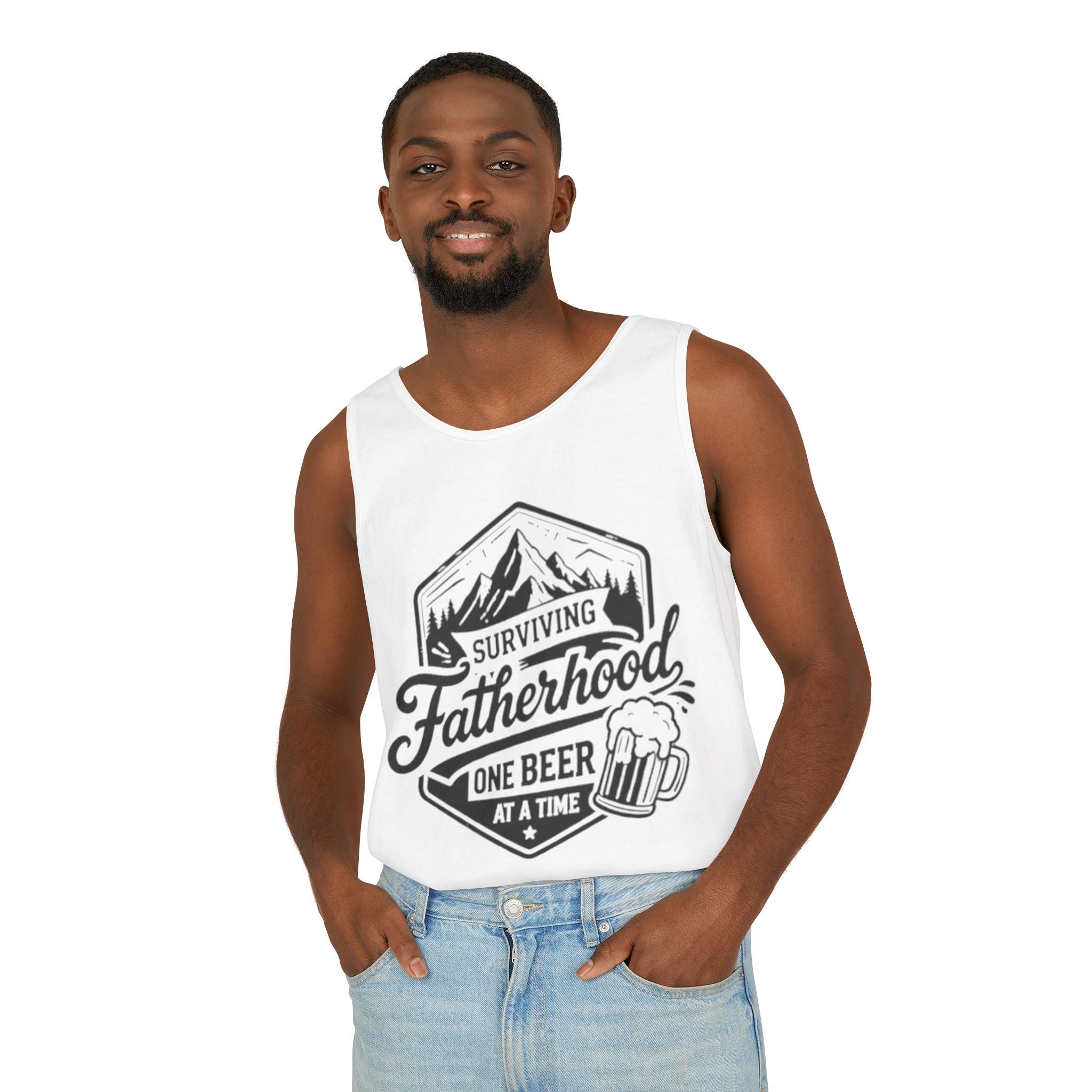 Fatherhood Tank Top | "Surviving Fatherhood One Beer at a Time" Graphic