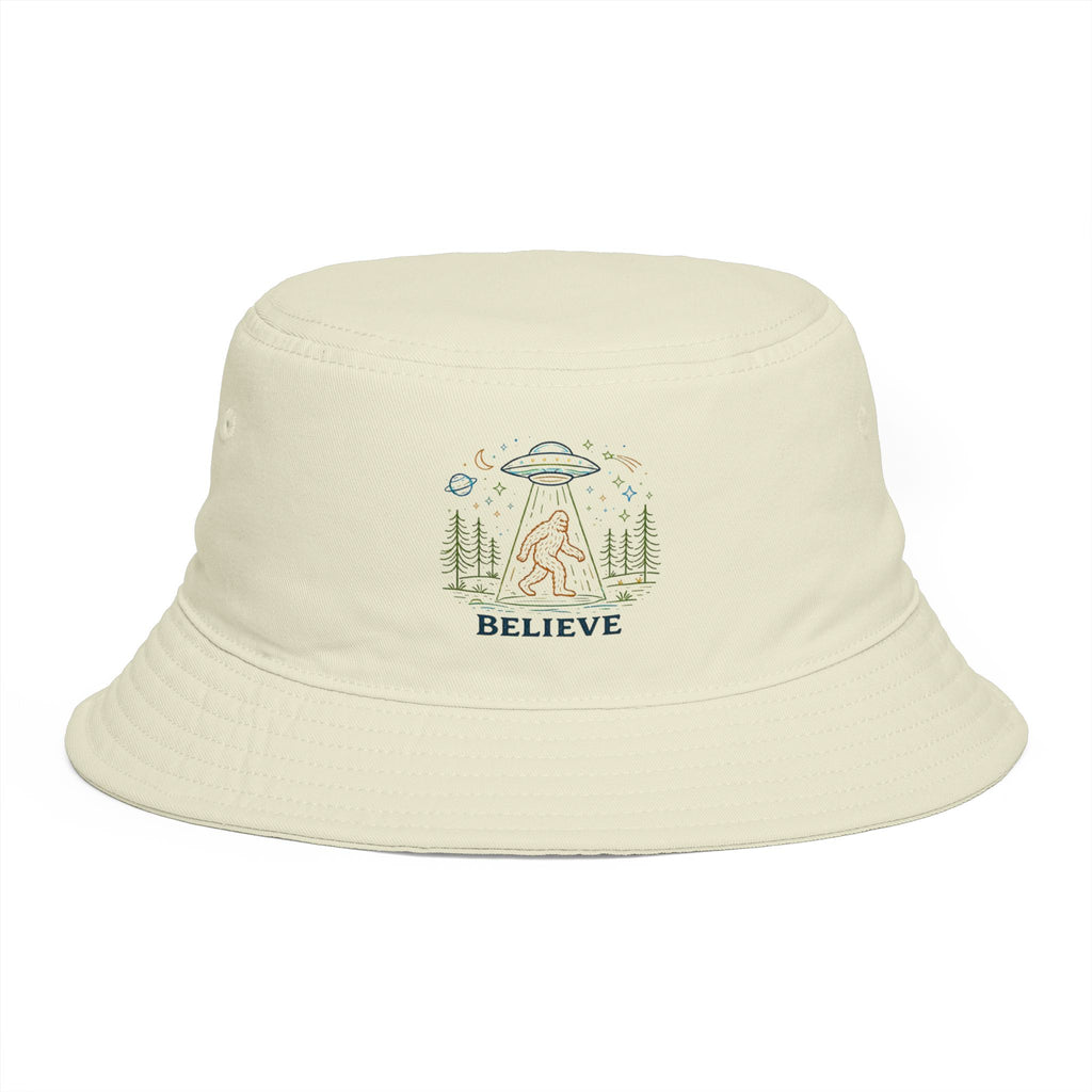 Bigfoot Night UFO Bucket Hat | Retro Forest Sasquatch Camping Design