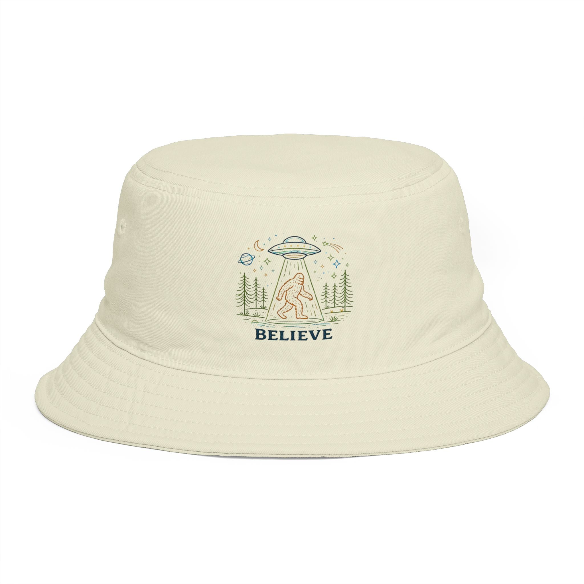 Bigfoot Night UFO Bucket Hat | Retro Forest Sasquatch Camping Design