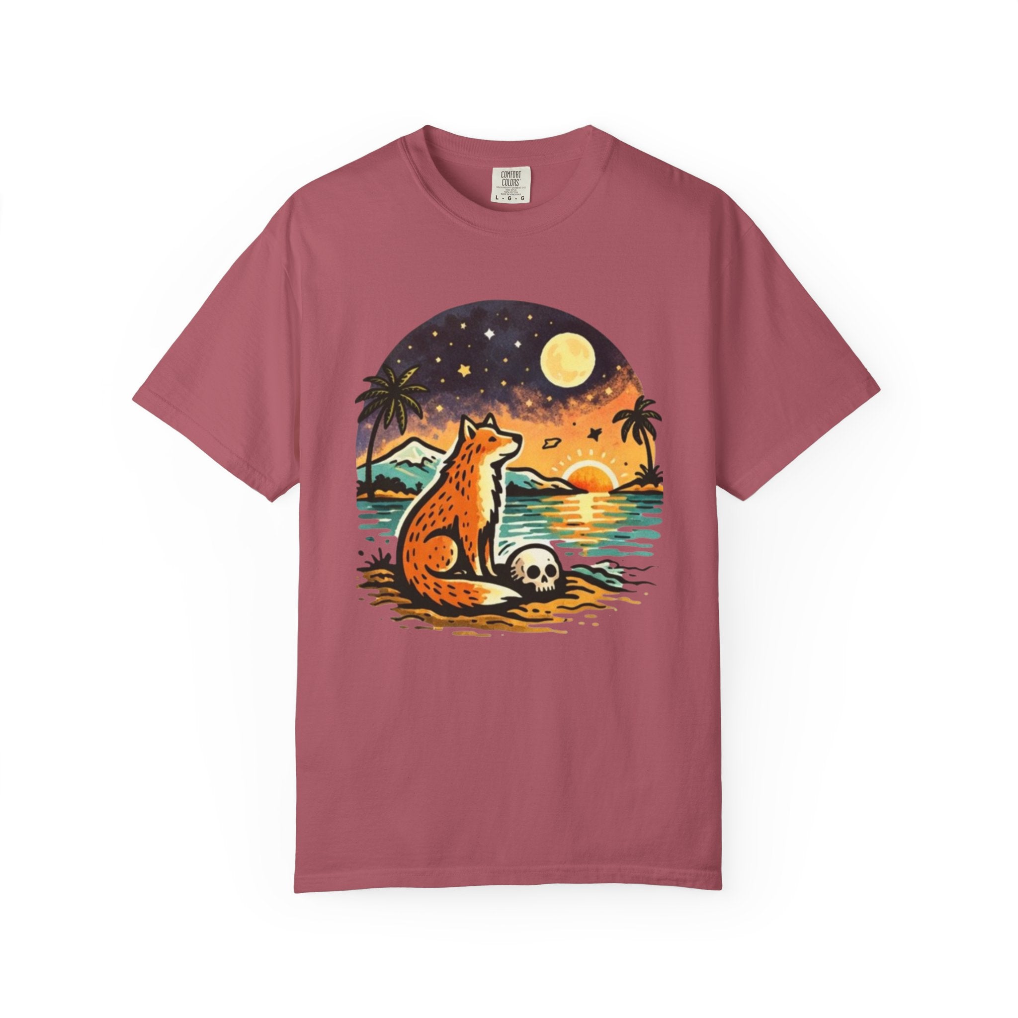 Fox Sunset T-Shirt - Beach Fox Graphic Tee with Skull, Moon & Palm Trees