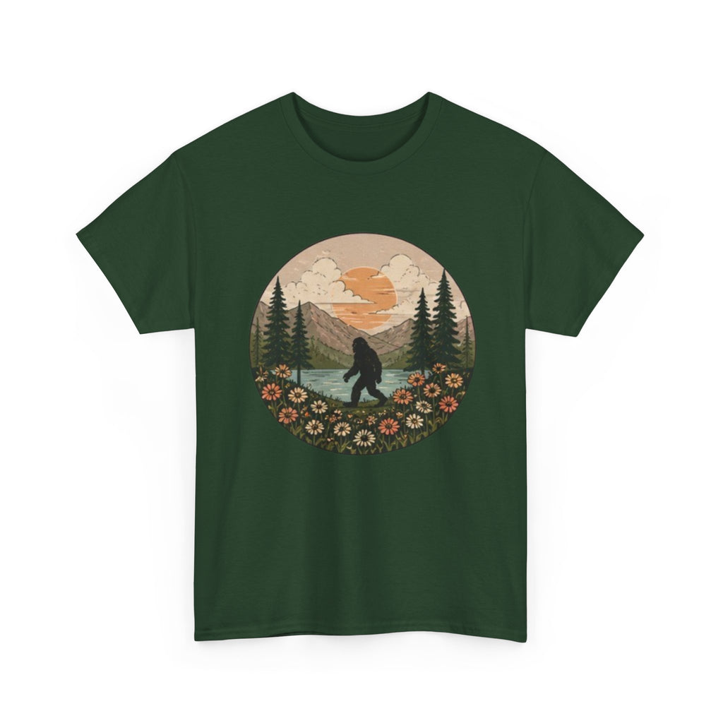 Bigfoot Meadow Retro Tee | Vintage Sasquatch with Flowers