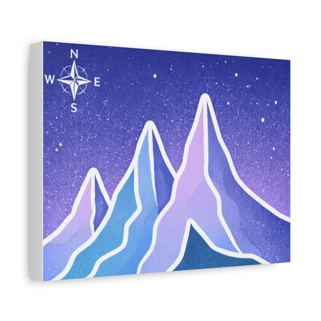 Mountain Night Canvas Art | Purple Blue Peaks with Compass Wall Decor