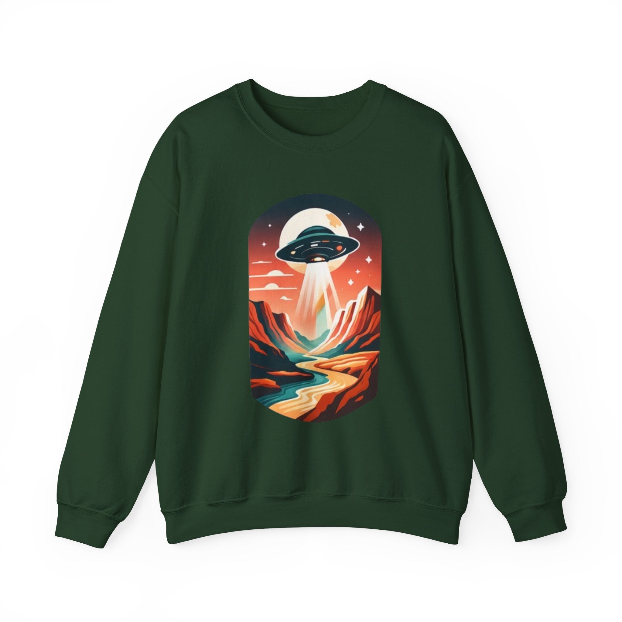 UFO Adventure Crewneck Sweatshirt | Retro Alien Abduction Mountain Graphic