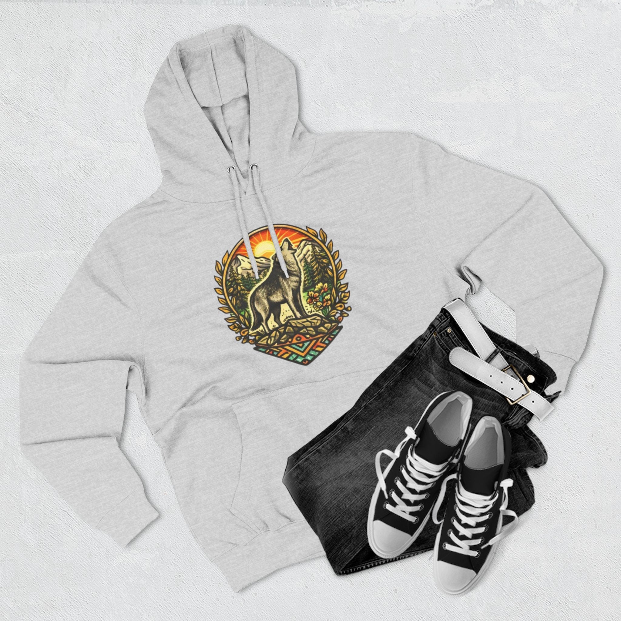 Wolf Sunset Hoodie | Vintage Forest Nature Graphic Fleece Hoodie