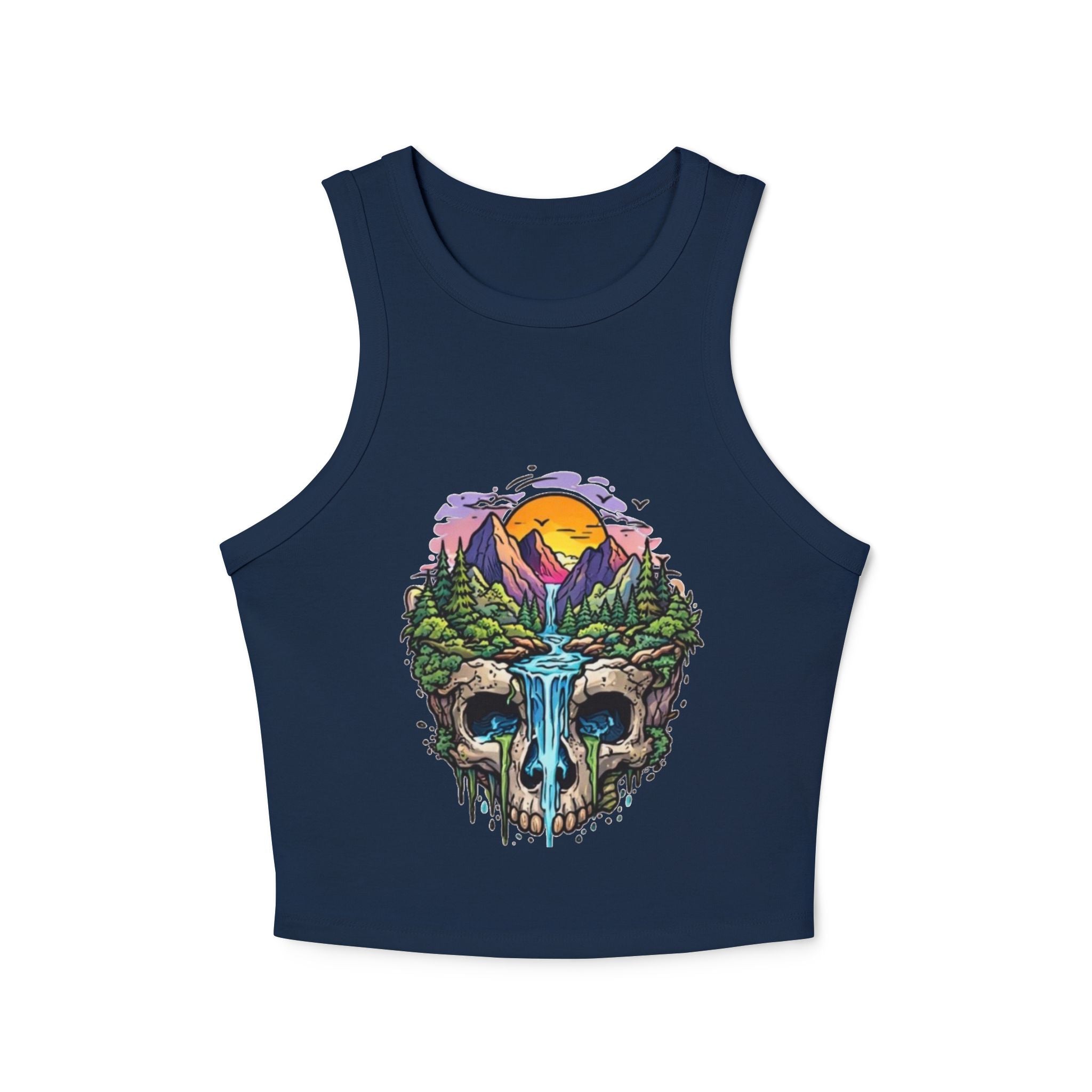 Womens Skull Landscape Racer Tank Top | Waterfall Skull Nature Graphic Crop