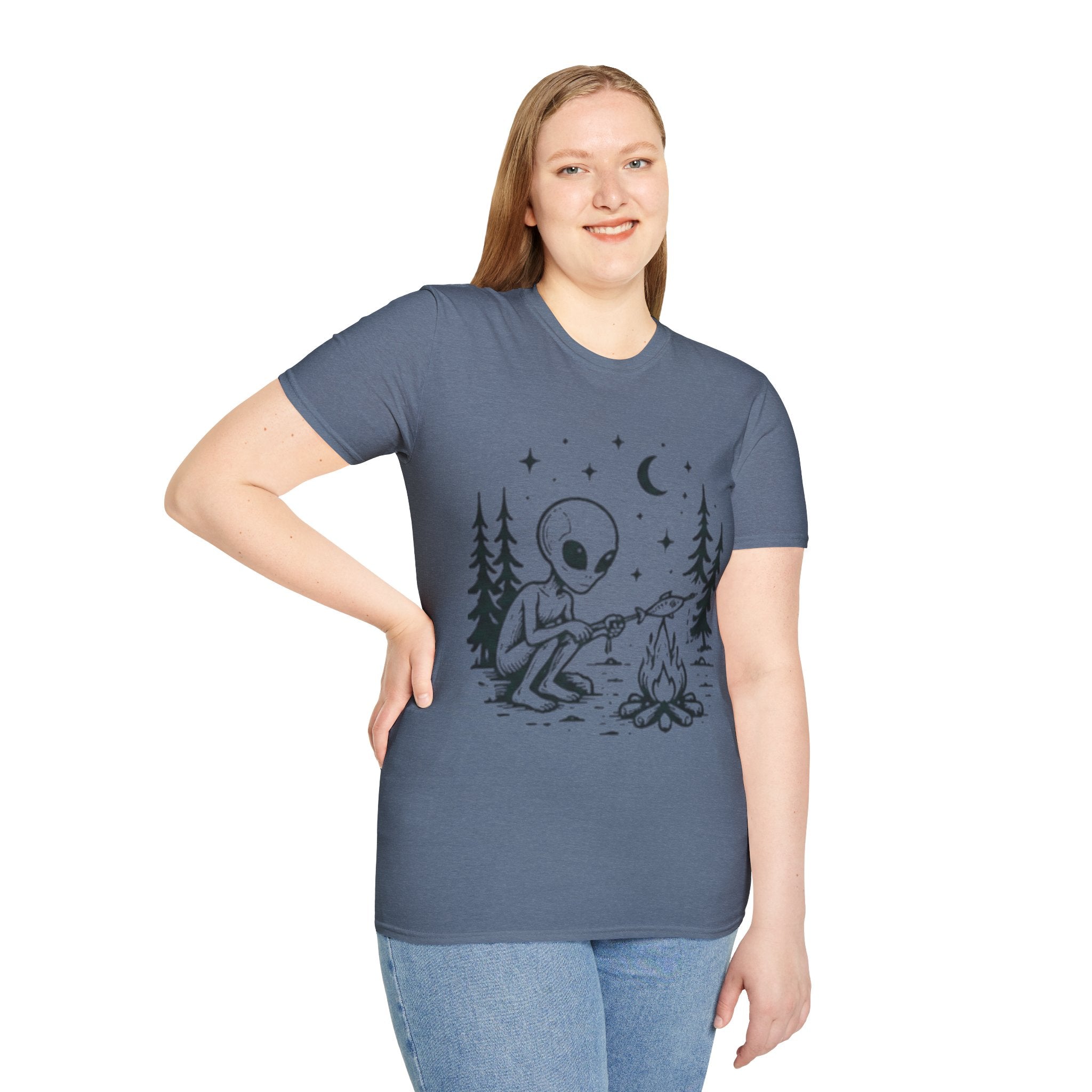 Alien Camping T-Shirt | Cute Space Alien Roasting Fish Graphic Tee