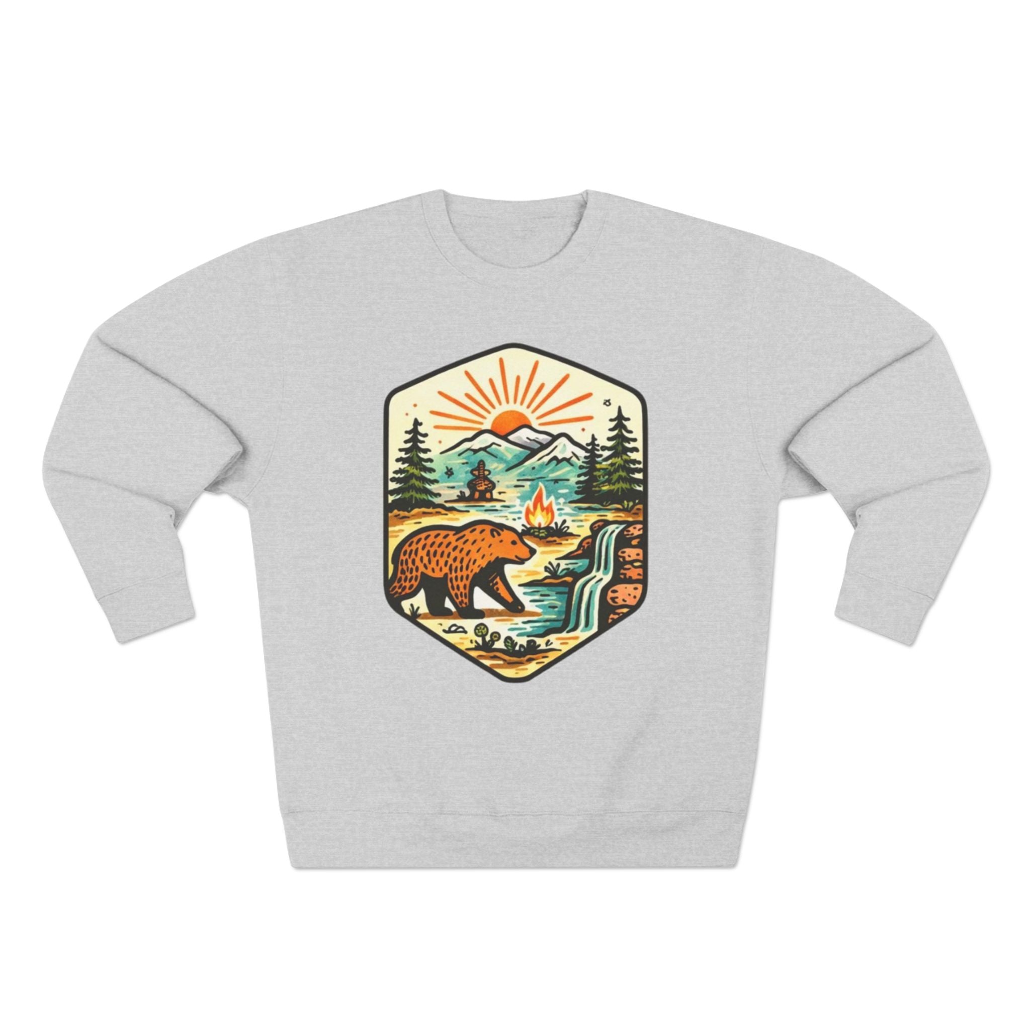 Bear Wilderness Crewneck Sweatshirt | Scenic Campfire Mountain Patch Design