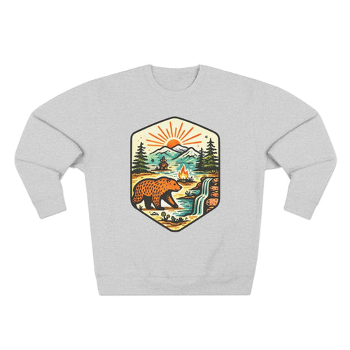 Bear Wilderness Crewneck Sweatshirt | Scenic Campfire Mountain Patch Design