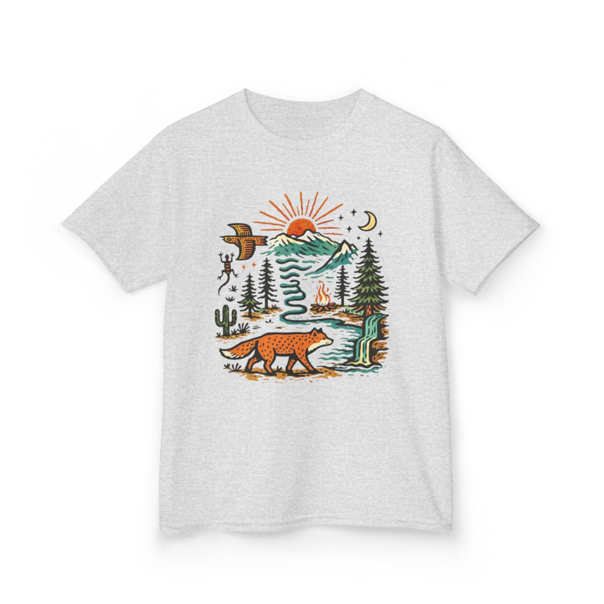 Kids T-Shirt | Retro Nature Scene with Fox Mountains & Sun | Adventure Outdoor Tee