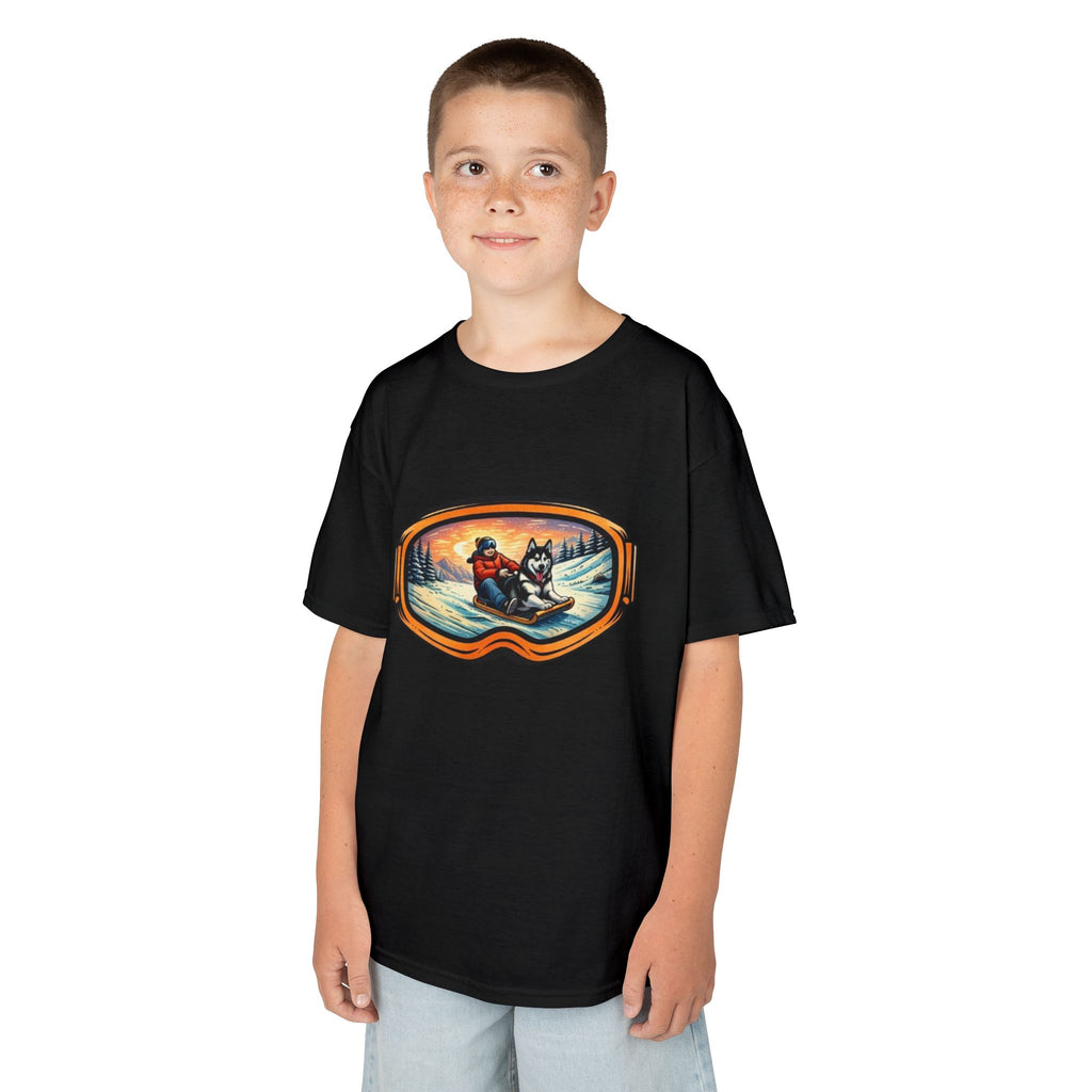 Kids Sledding with Dog Tee | Boys Best Friend Winter Graphic