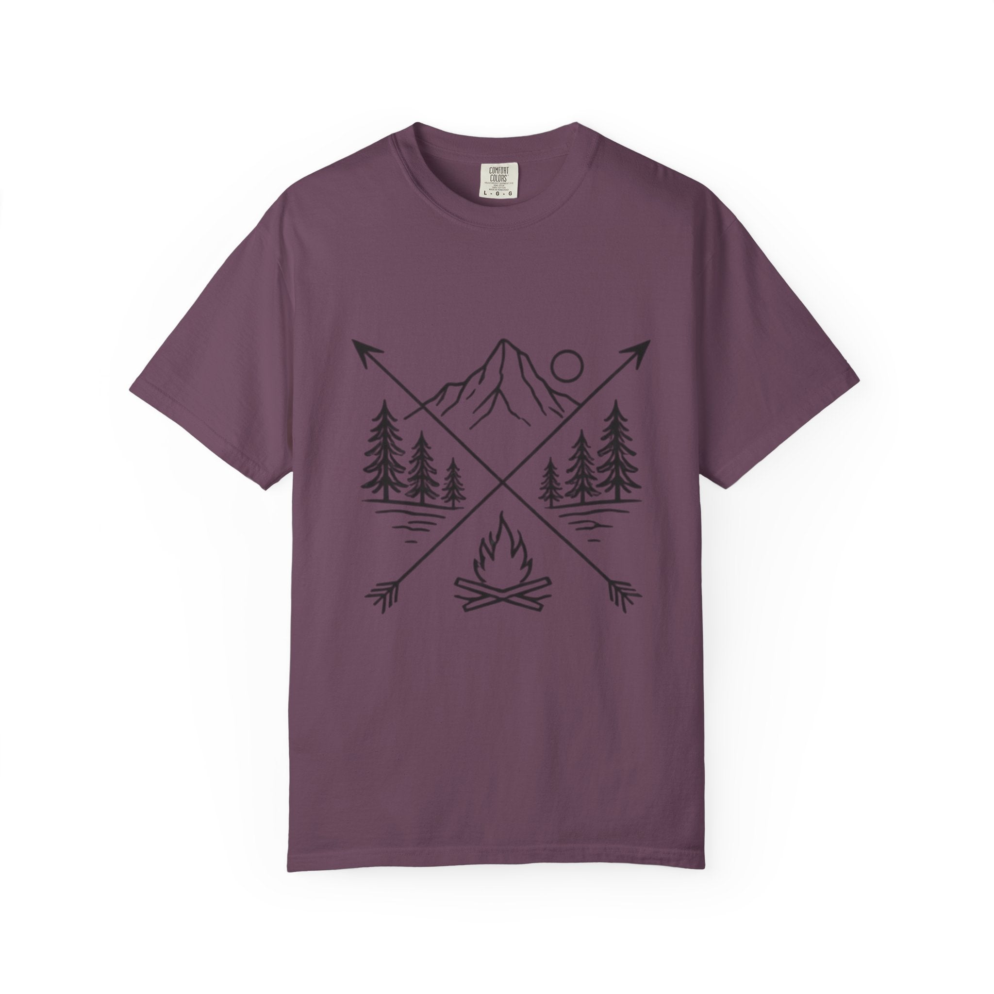 Campfire Mountain T-Shirt | Outdoor Adventure Tee with Arrows & Pines