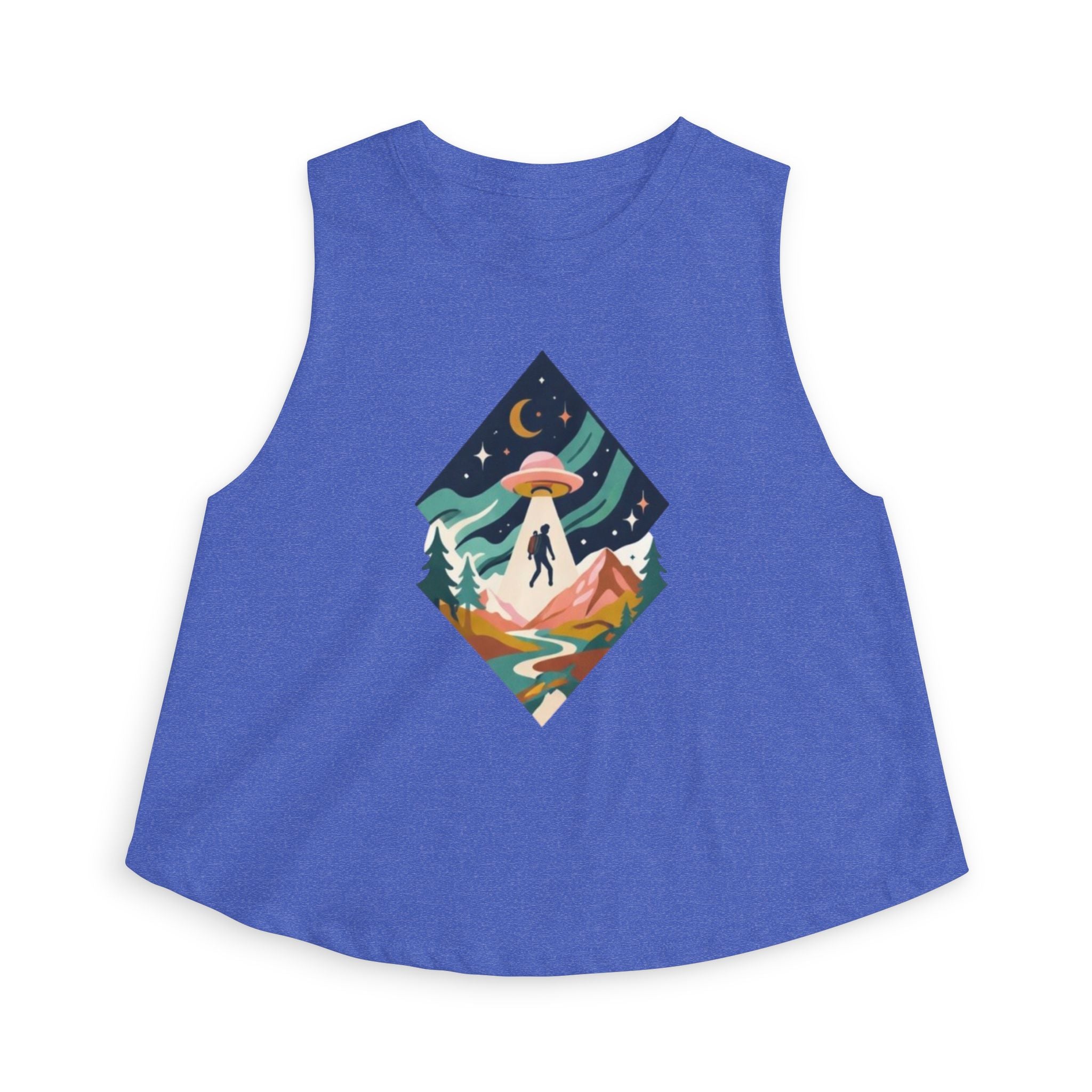 Alien Abduction Hiker Graphic Crop Top | Retro Mountain UFO Tank
