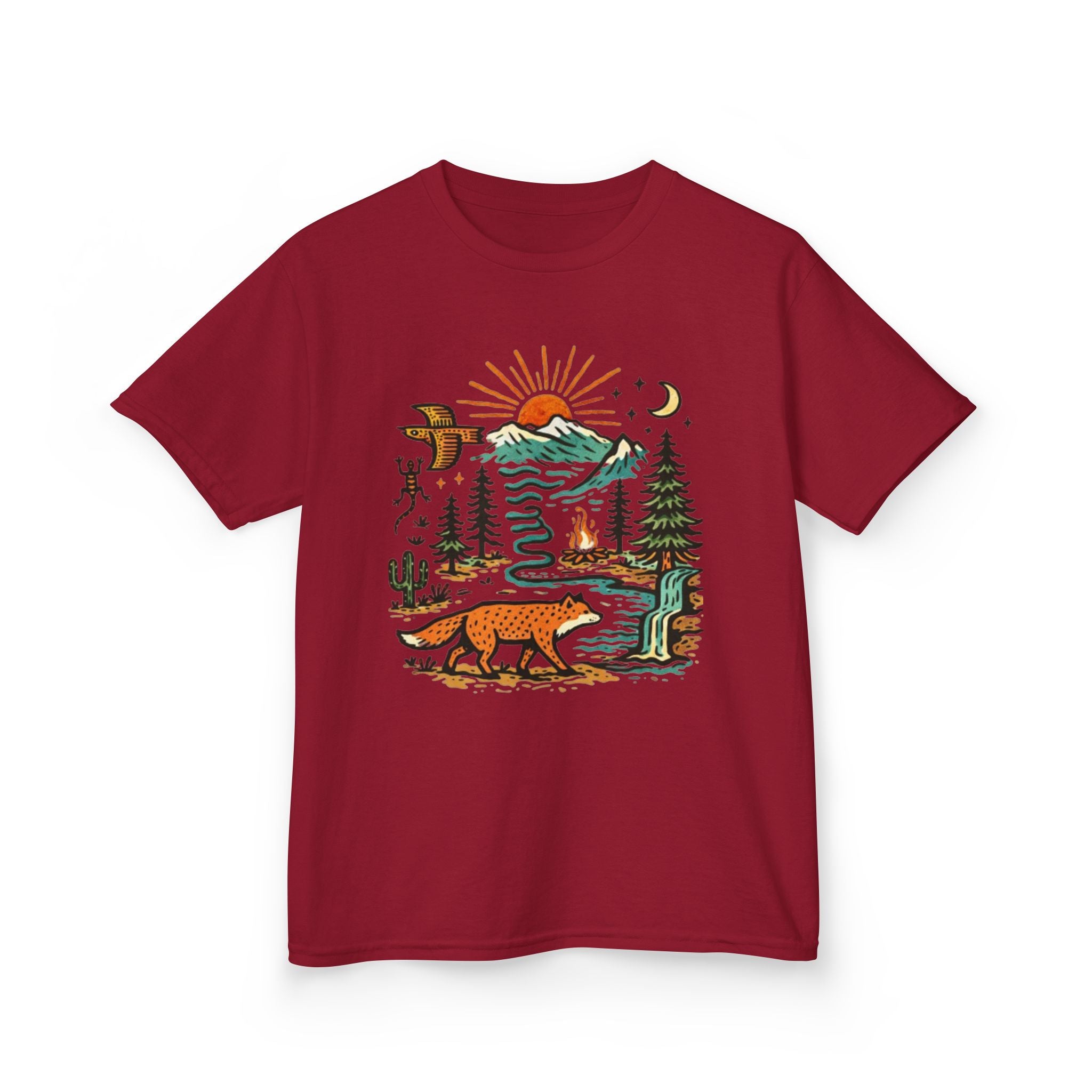 Kids T-Shirt | Retro Nature Scene with Fox Mountains & Sun | Adventure Outdoor Tee