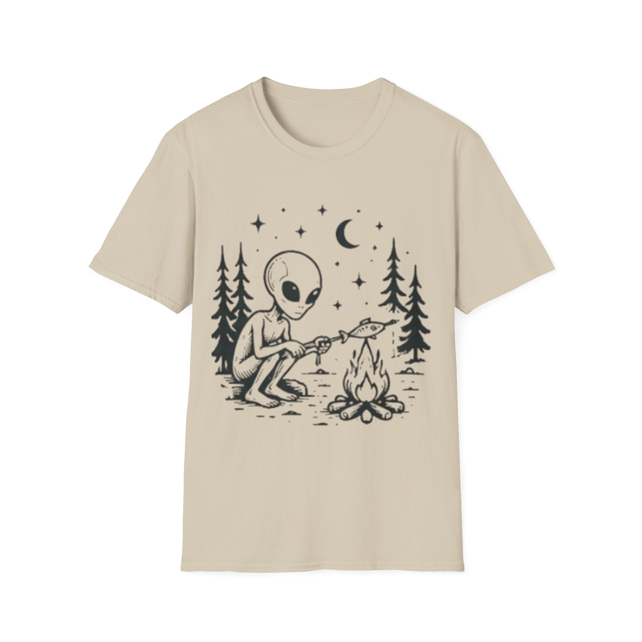 Alien Camping T-Shirt | Cute Space Alien Roasting Fish Graphic Tee