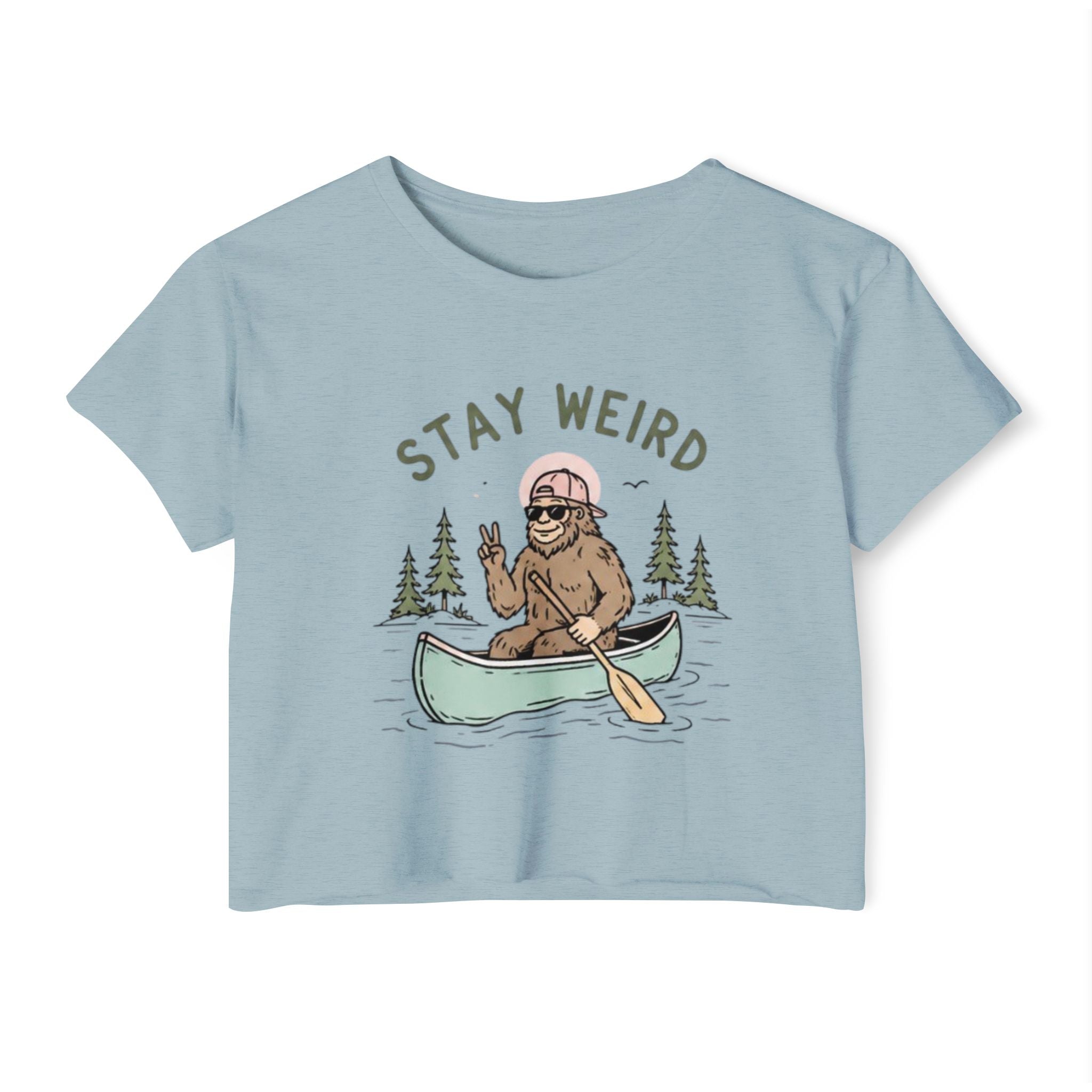 Stay Weird Crop Top | Cute Sasquatch Canoe Graphic Womens Festival Shirt