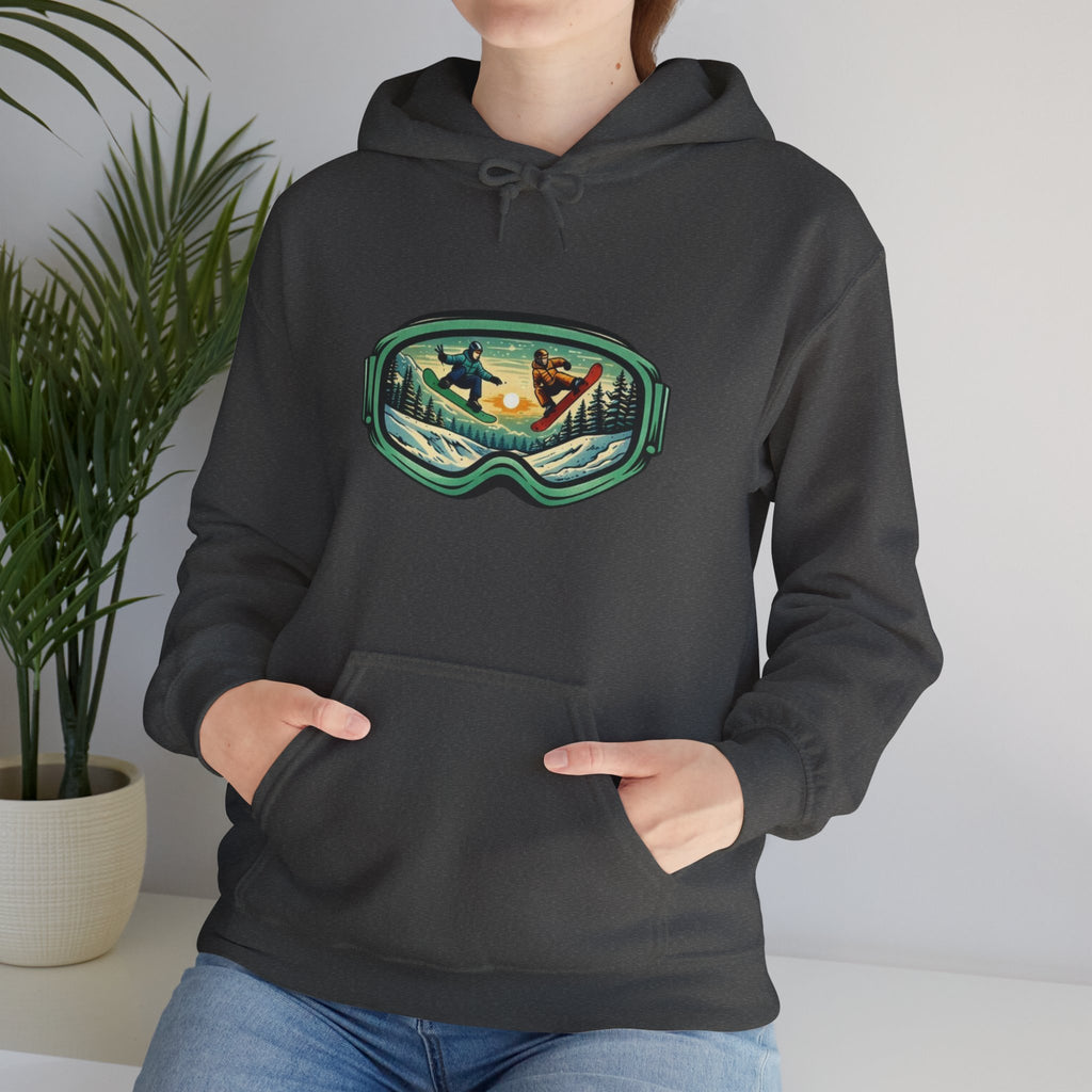 Snowboard Goggles Graphic Hoodie | Winter Mountain Sunset Scene