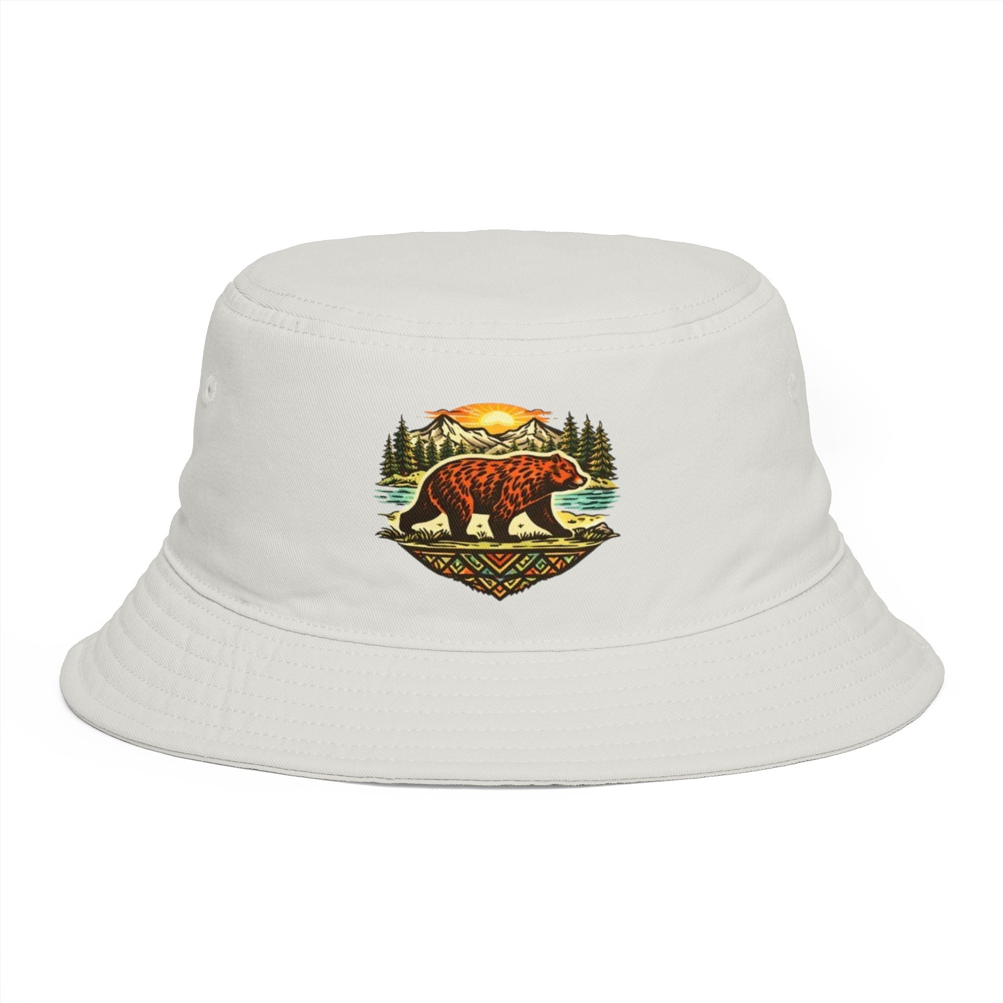 Bear Wilderness Bucket Hat | Retro Mountain Sunset Outdoor Cap