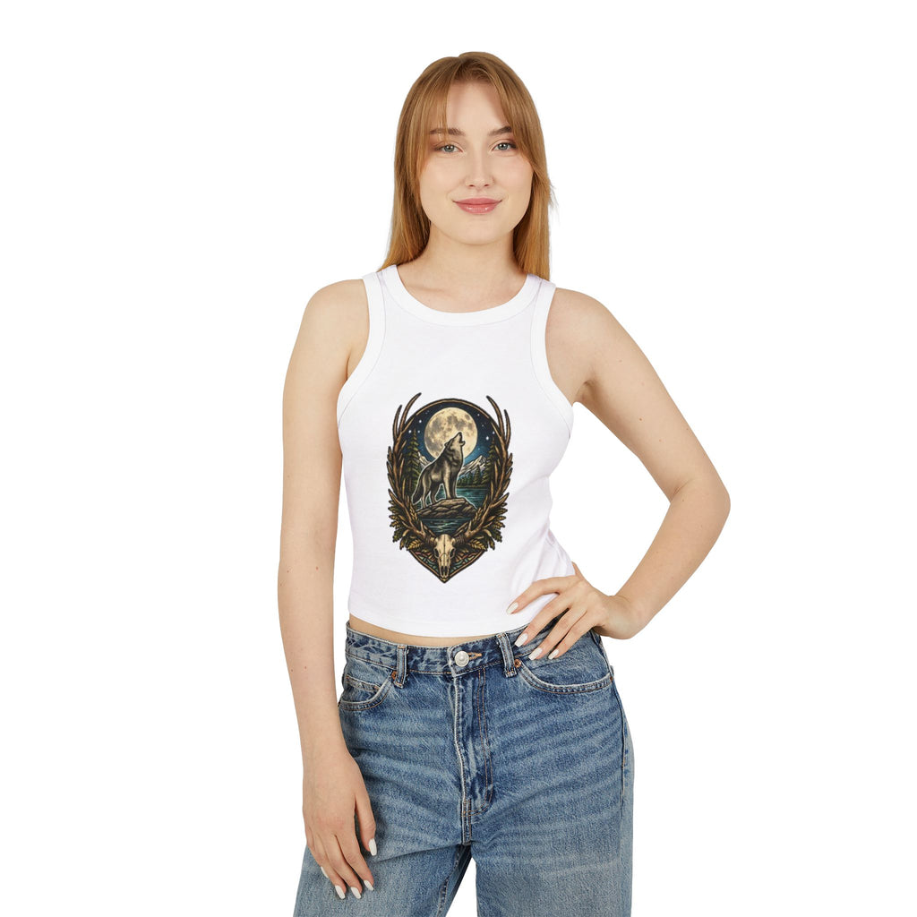 Wolf Howl Racer Tank Top | Moonlight Forest Graphic Crop Top