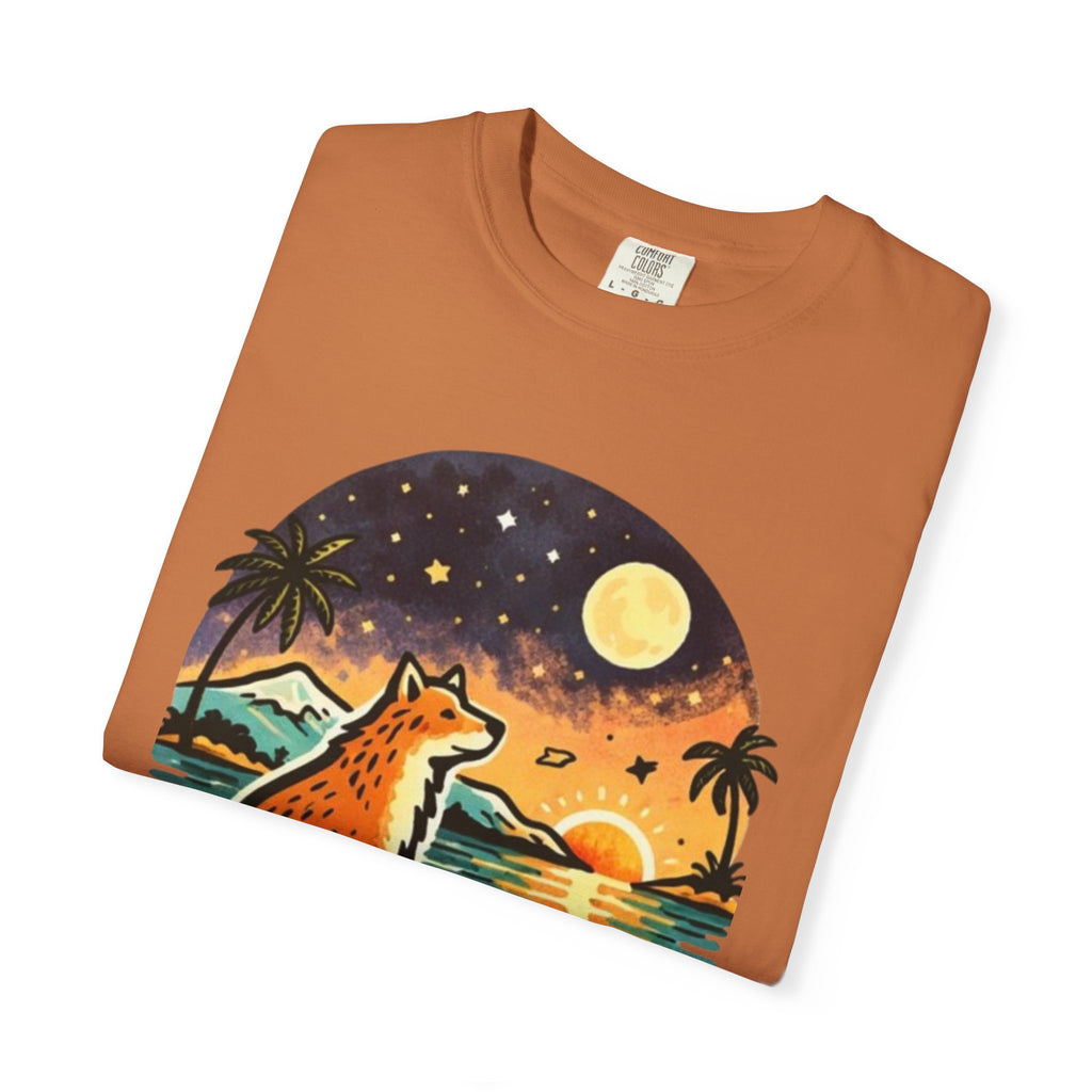 Fox Sunset T-Shirt - Beach Fox Graphic Tee with Skull, Moon & Palm Trees