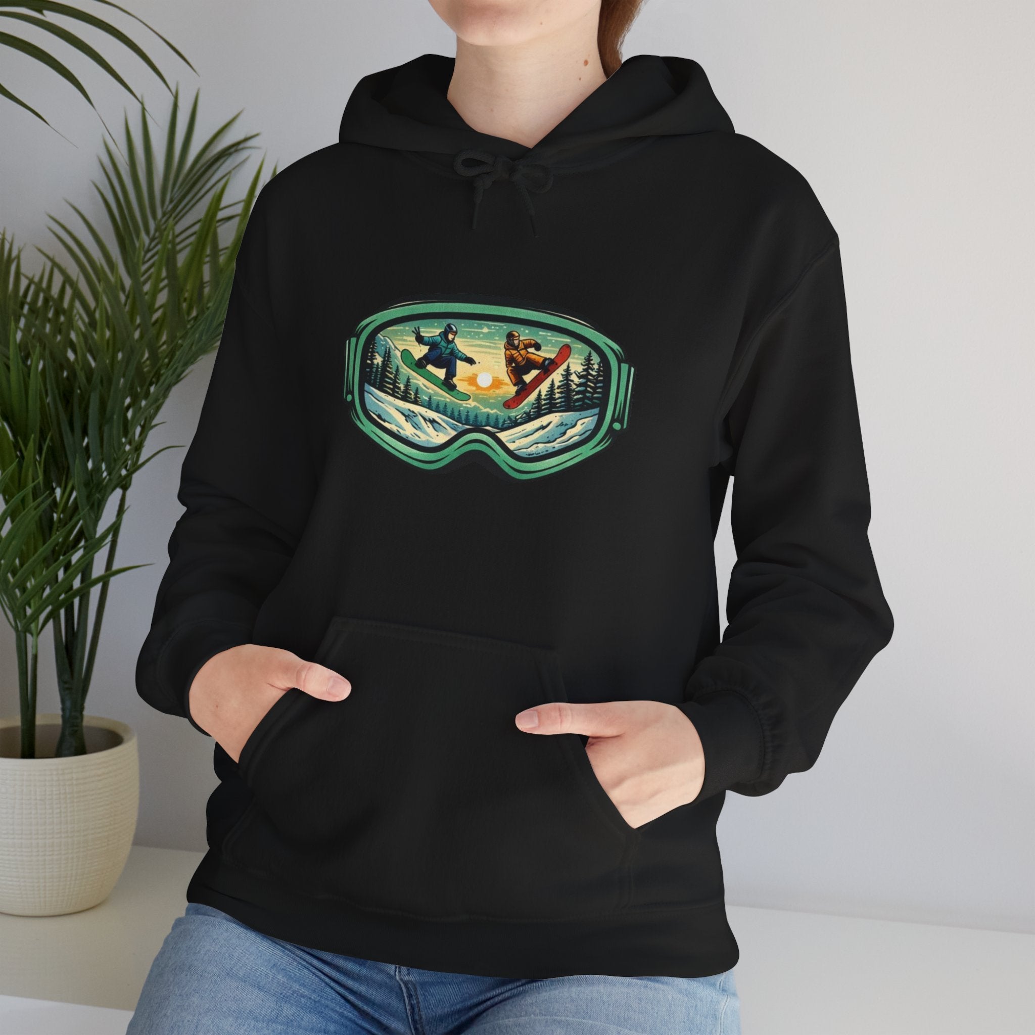 Snowboard Goggles Graphic Hoodie | Winter Mountain Sunset Scene