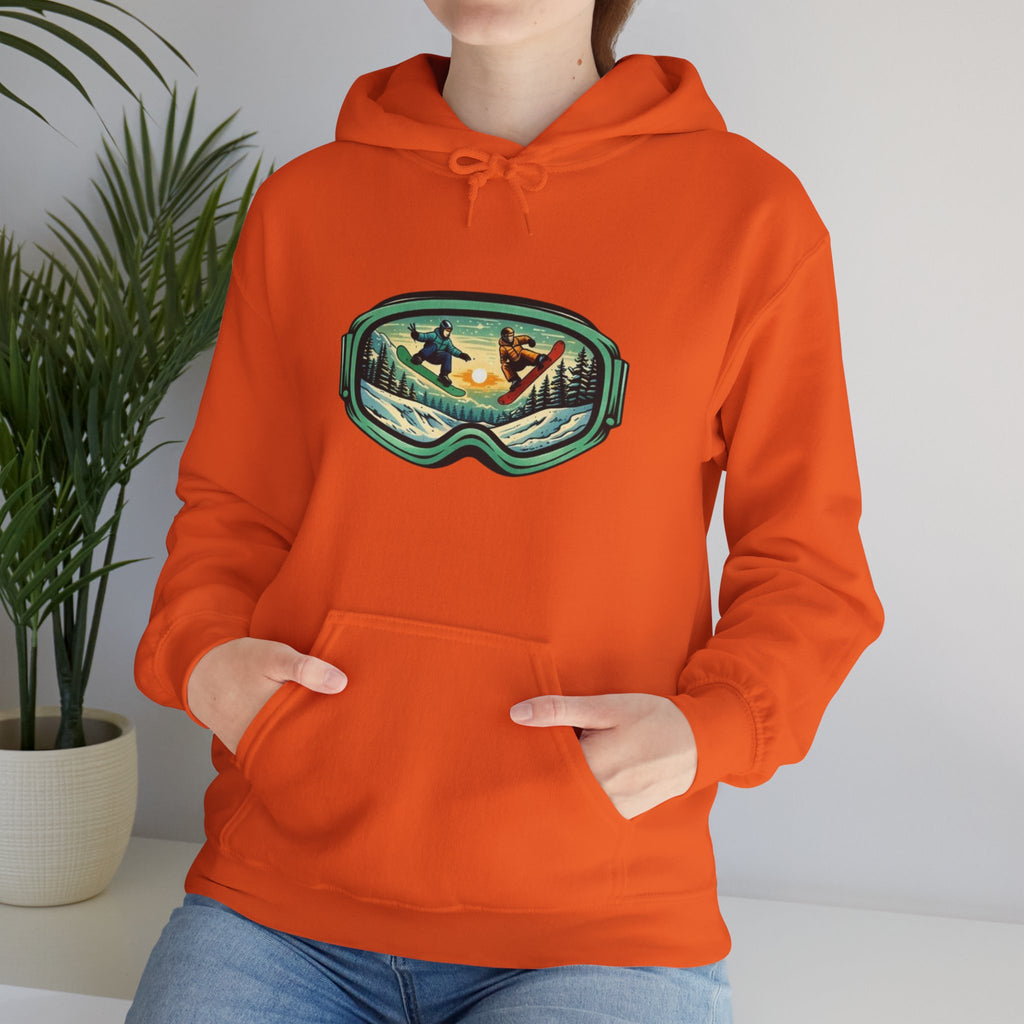 Snowboard Goggles Graphic Hoodie | Winter Mountain Sunset Scene